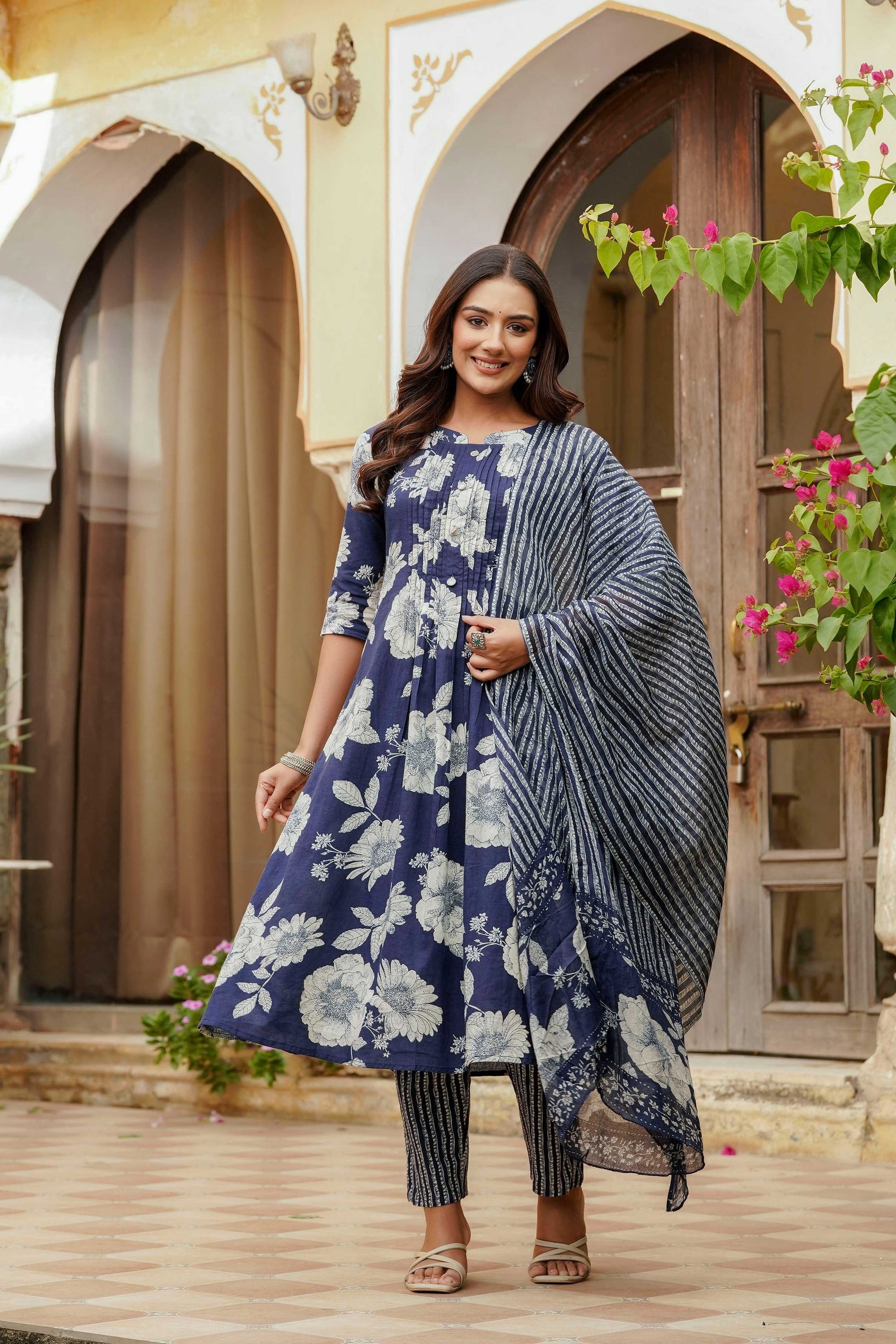 Floral Printed Kurta With Pant & Stripe Printed Dupatta, Blue - Hiral Fashion