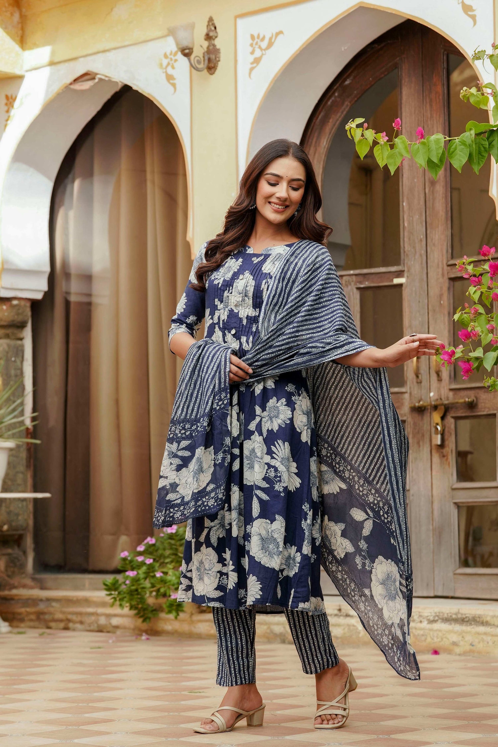 Floral Printed Kurta With Pant & Stripe Printed Dupatta, Blue - Hiral Fashion