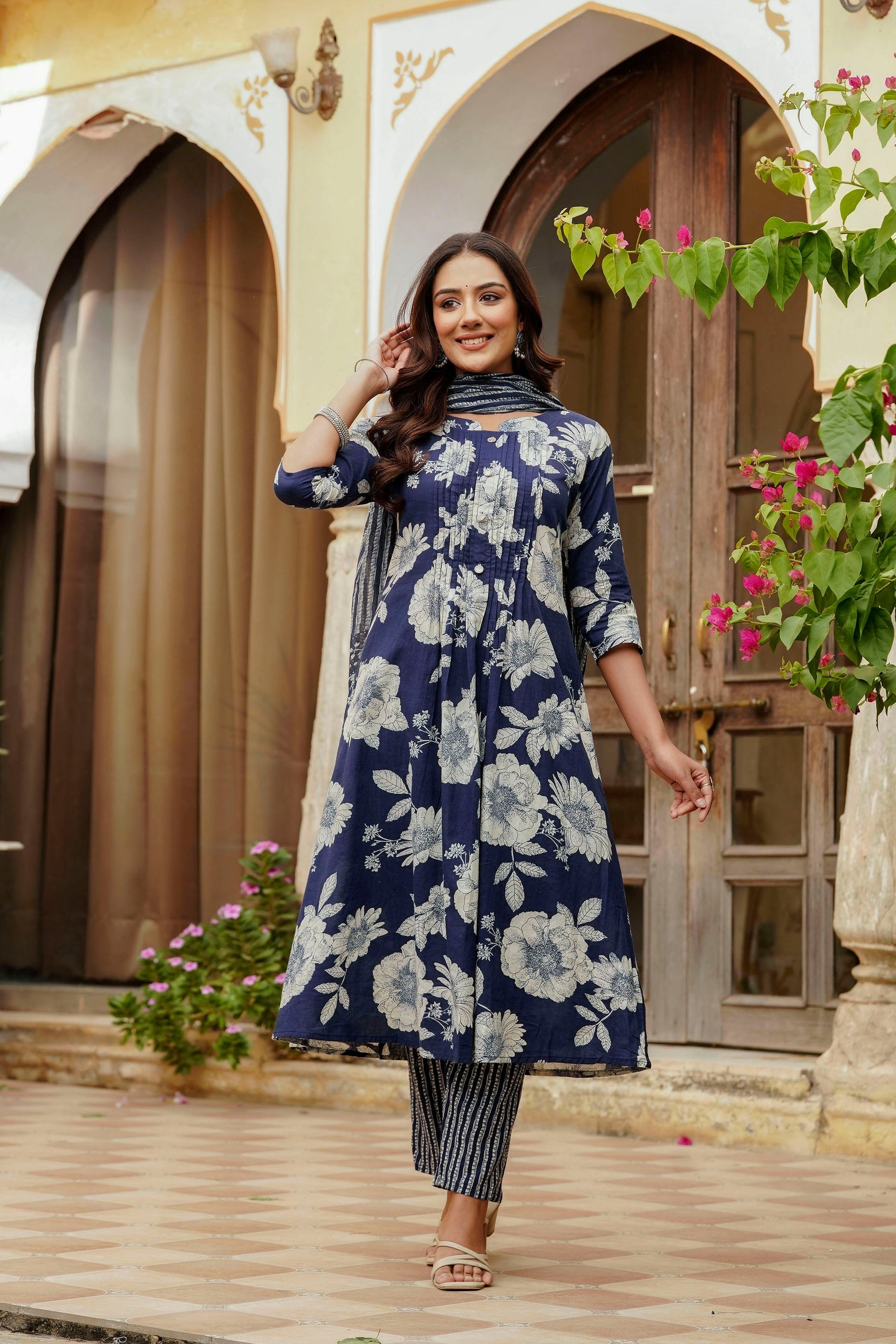 Floral Printed Kurta With Pant & Stripe Printed Dupatta, Blue - Hiral Fashion