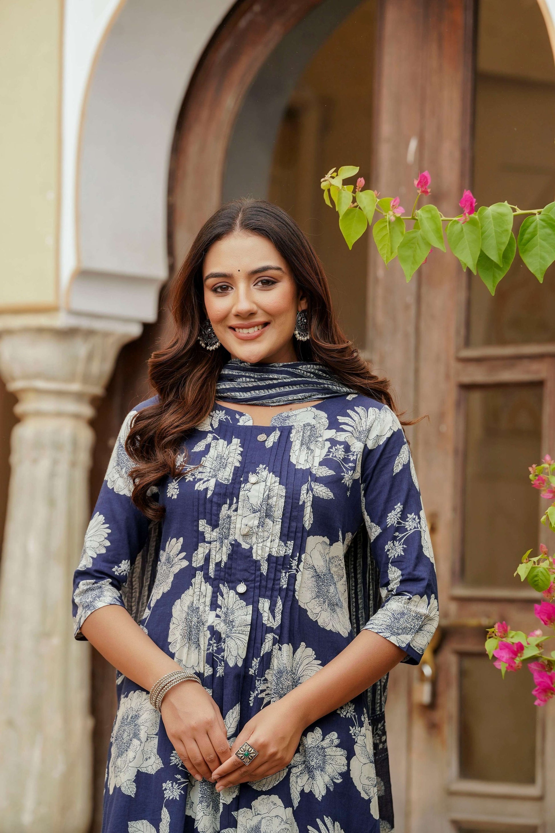 Floral Printed Kurta With Pant & Stripe Printed Dupatta, Blue - Hiral Fashion