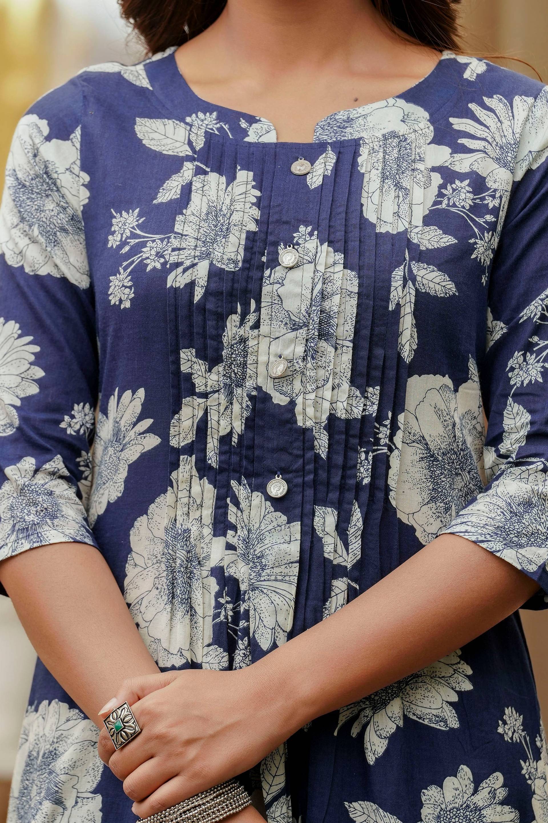 Floral Printed Kurta With Pant & Stripe Printed Dupatta, Blue - Hiral Fashion