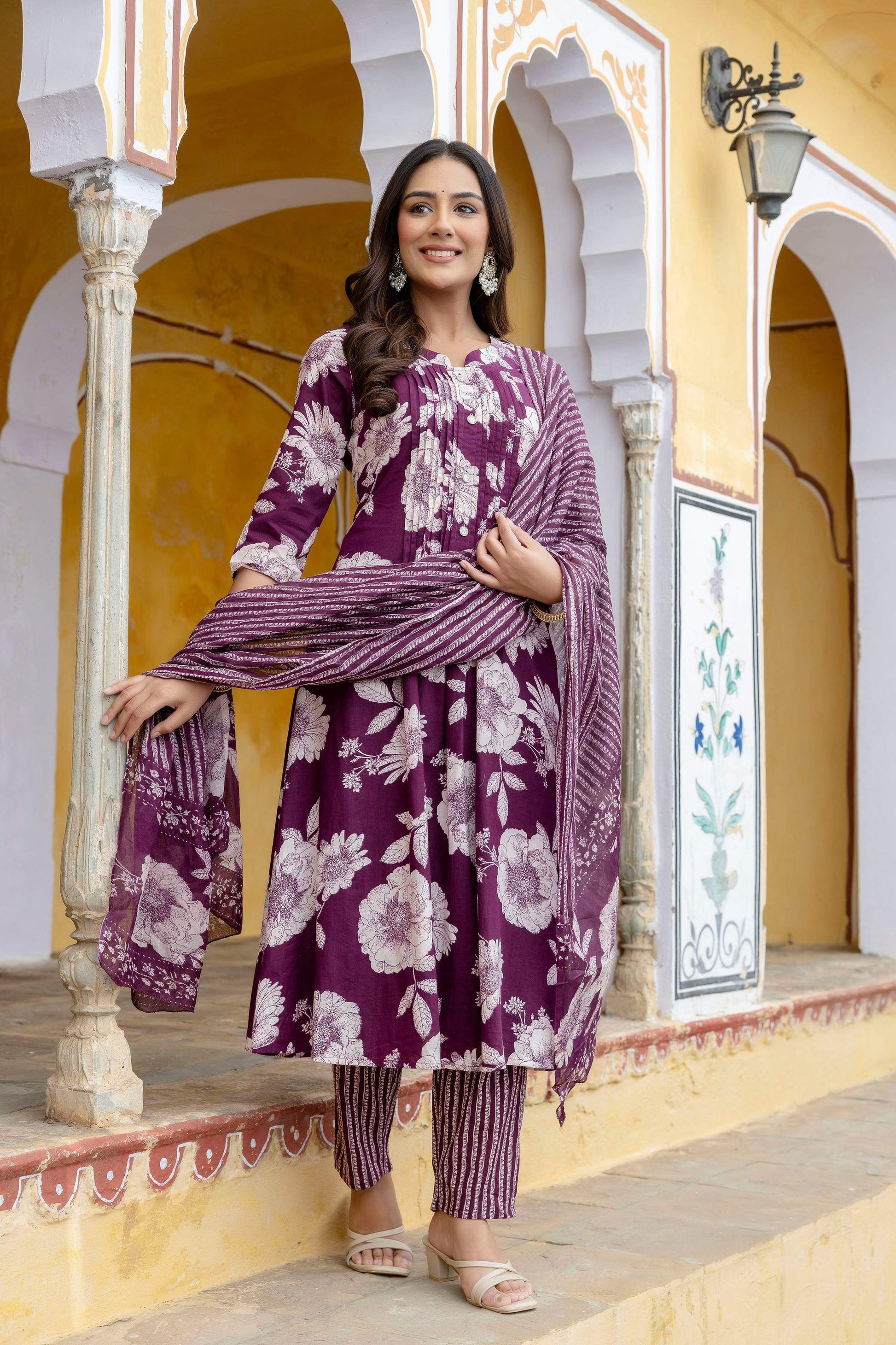 Floral Printed Kurta With Pant & Stripe Printed Dupatta, Purple - Hiral Fashion