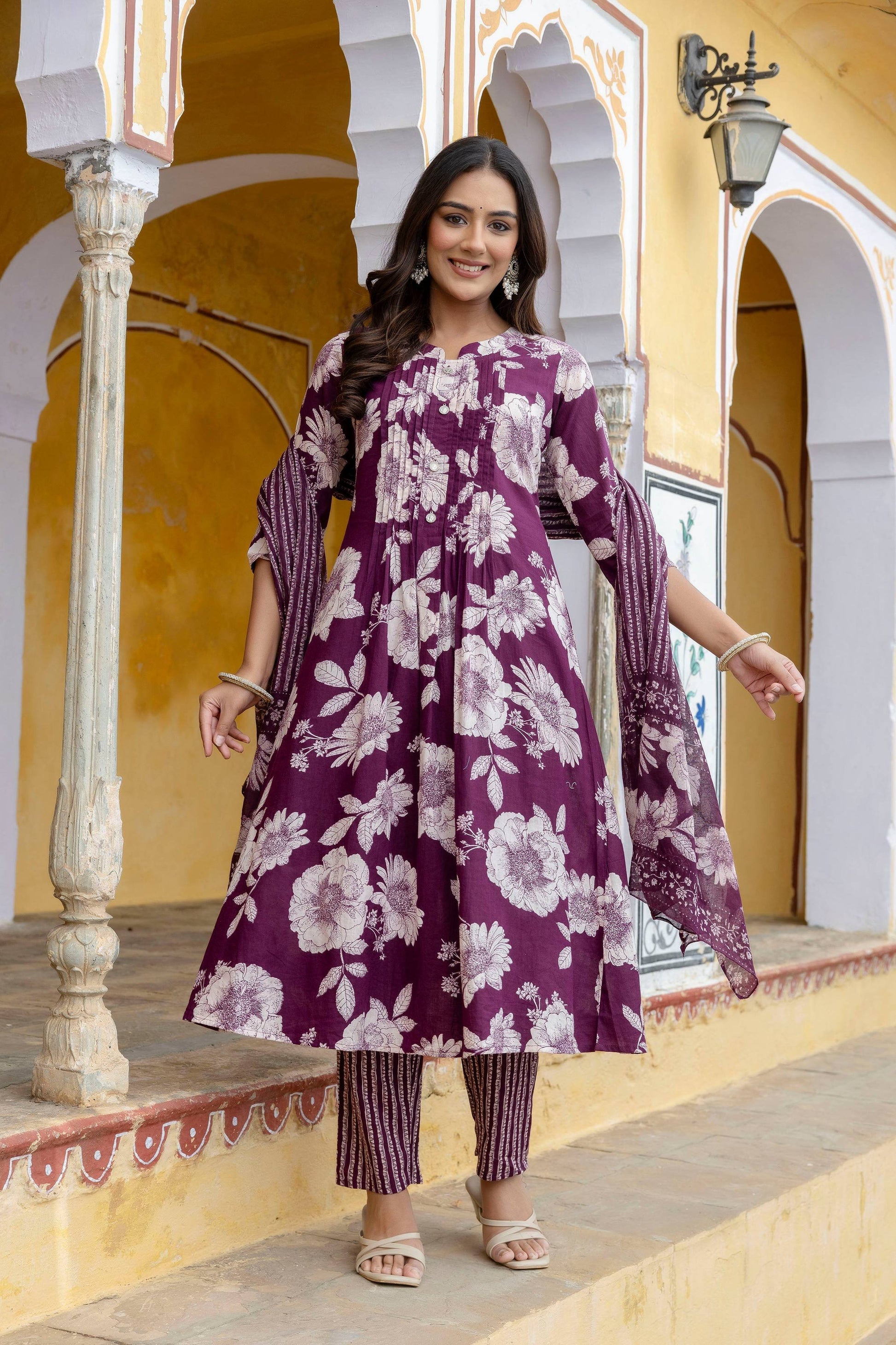 Floral Printed Kurta With Pant & Stripe Printed Dupatta, Purple - Hiral Fashion