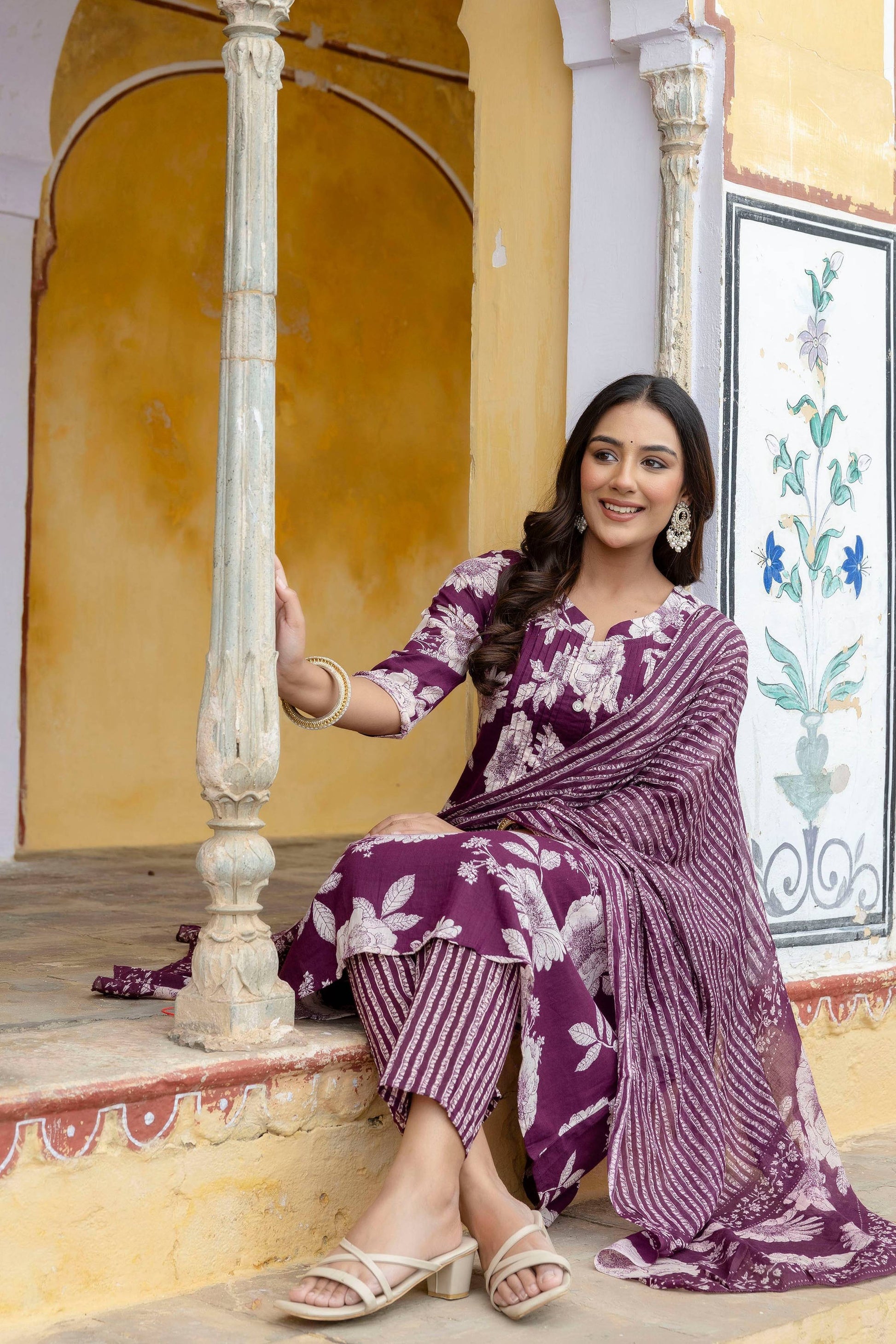 Floral Printed Kurta With Pant & Stripe Printed Dupatta, Purple - Hiral Fashion