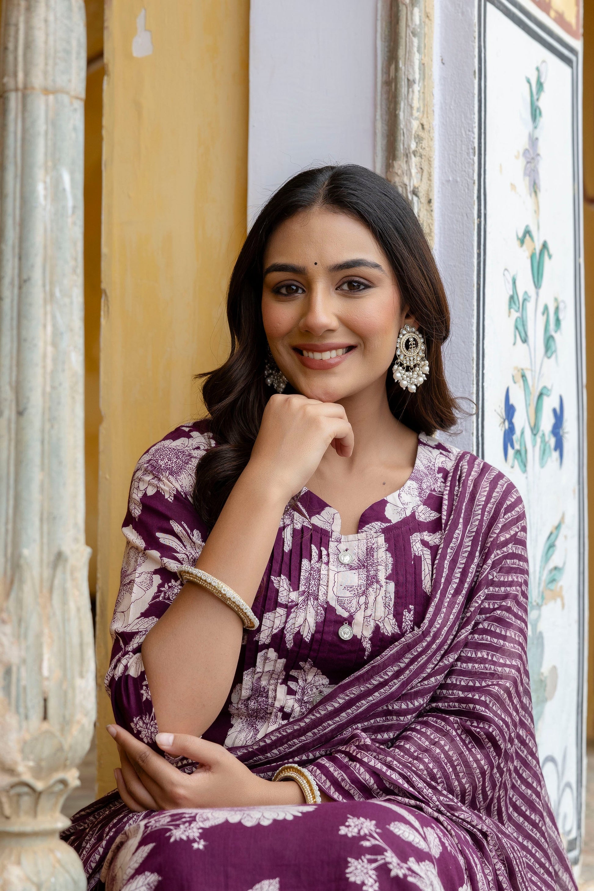 Floral Printed Kurta With Pant & Stripe Printed Dupatta, Purple - Hiral Fashion