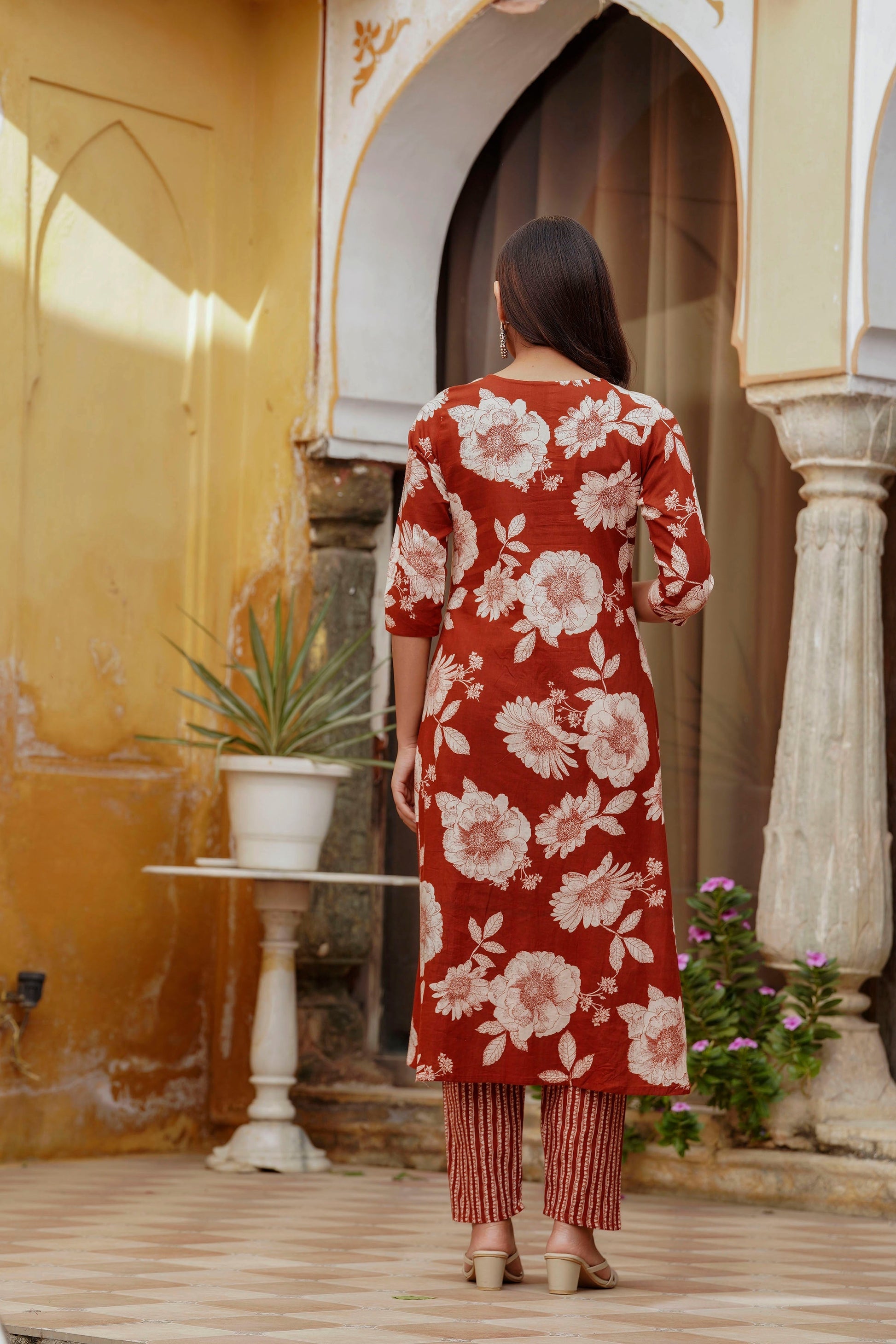 Floral Printed Kurta With Pant & Stripe Printed Dupatta, Rust - Hiral Fashion