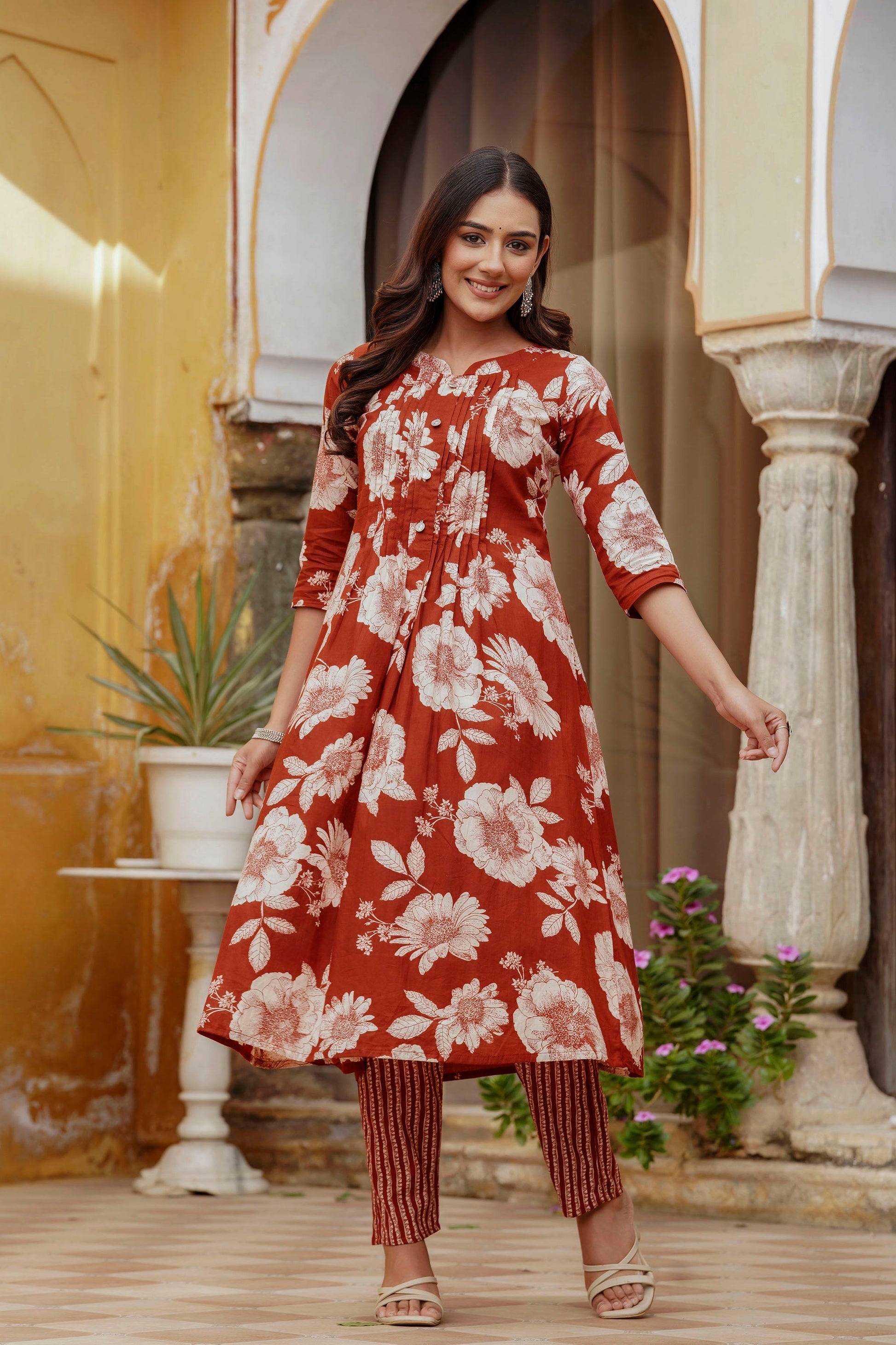 Floral Printed Kurta With Pant & Stripe Printed Dupatta, Rust - Hiral Fashion