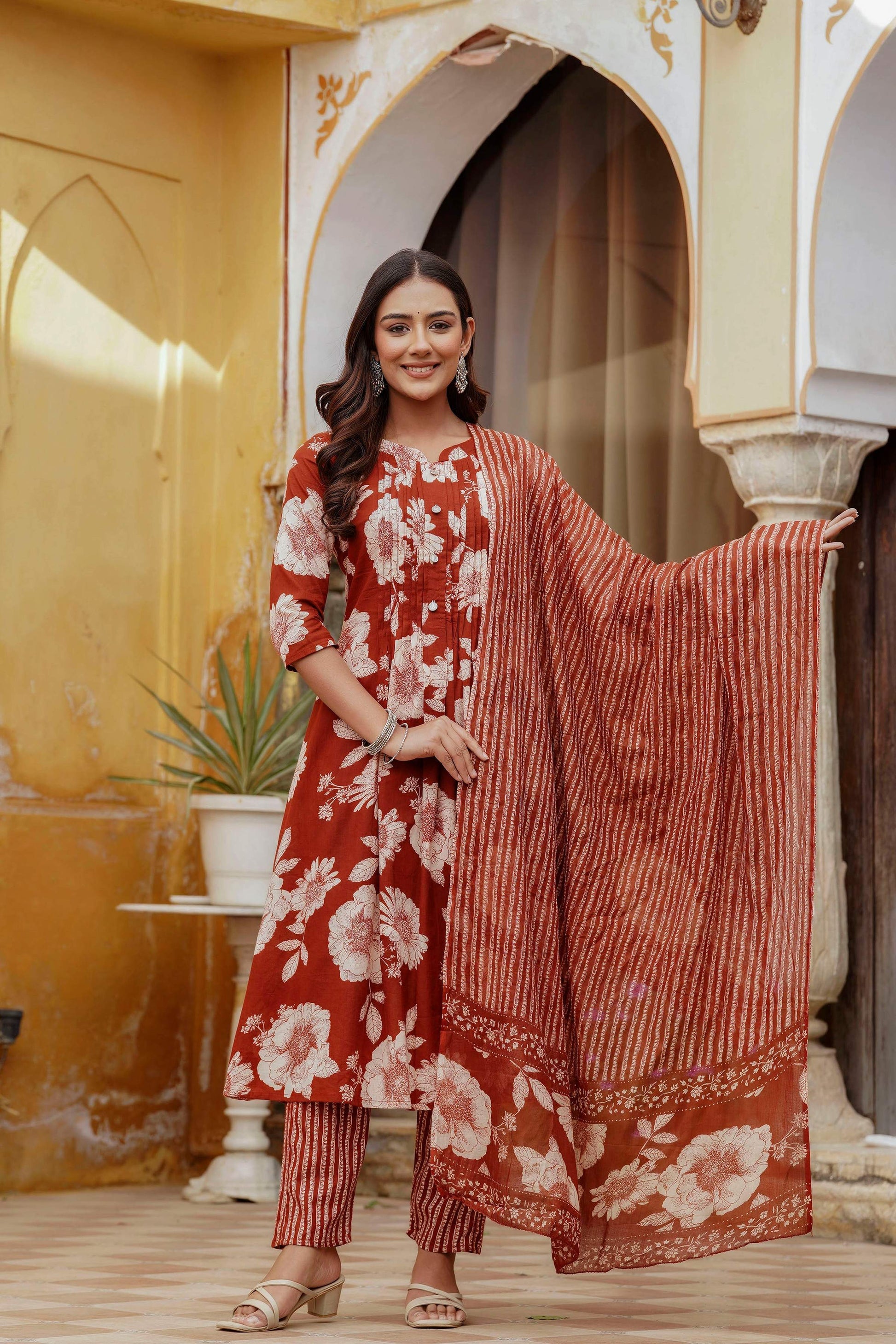Floral Printed Kurta With Pant & Stripe Printed Dupatta, Rust - Hiral Fashion