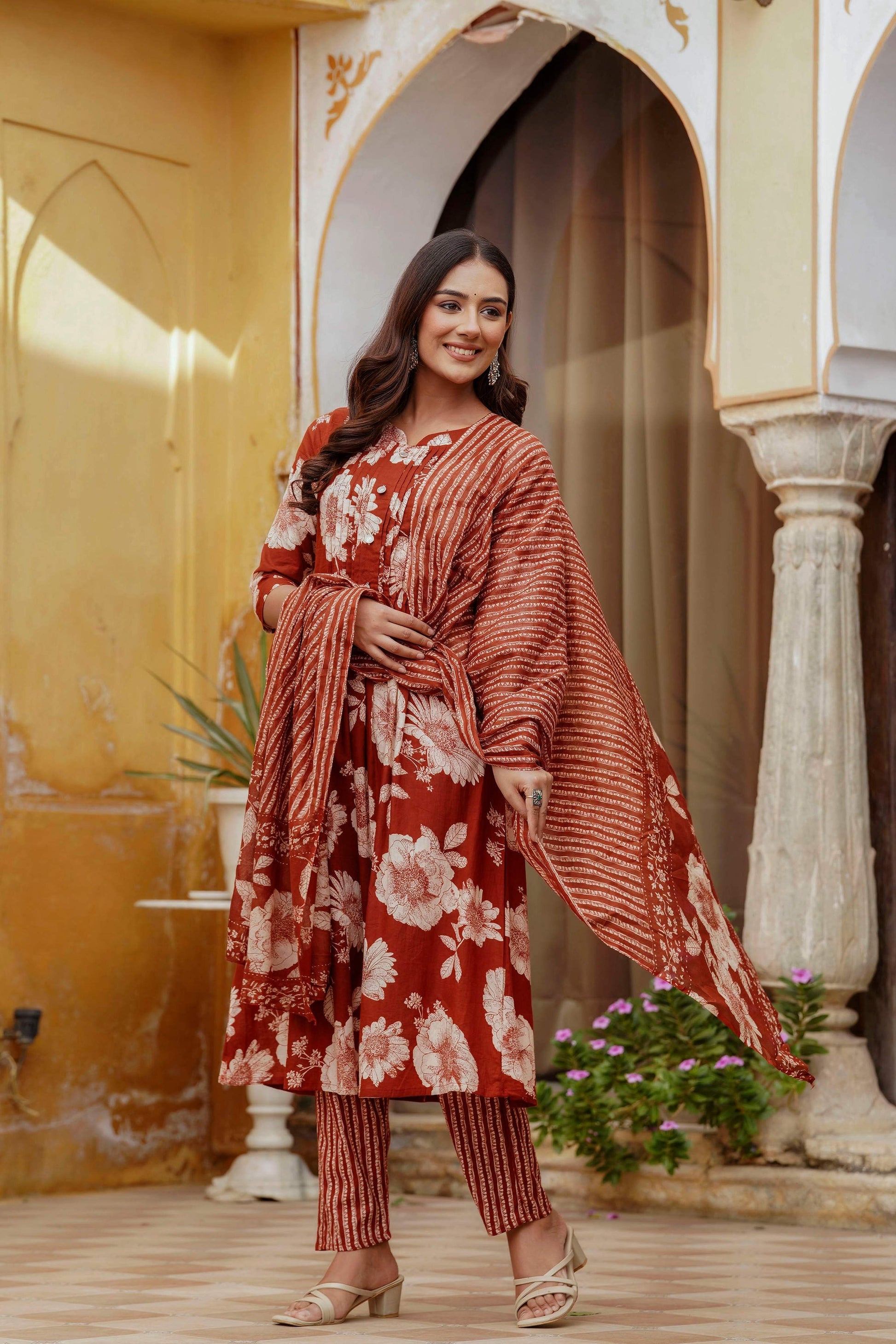 Floral Printed Kurta With Pant & Stripe Printed Dupatta, Rust - Hiral Fashion