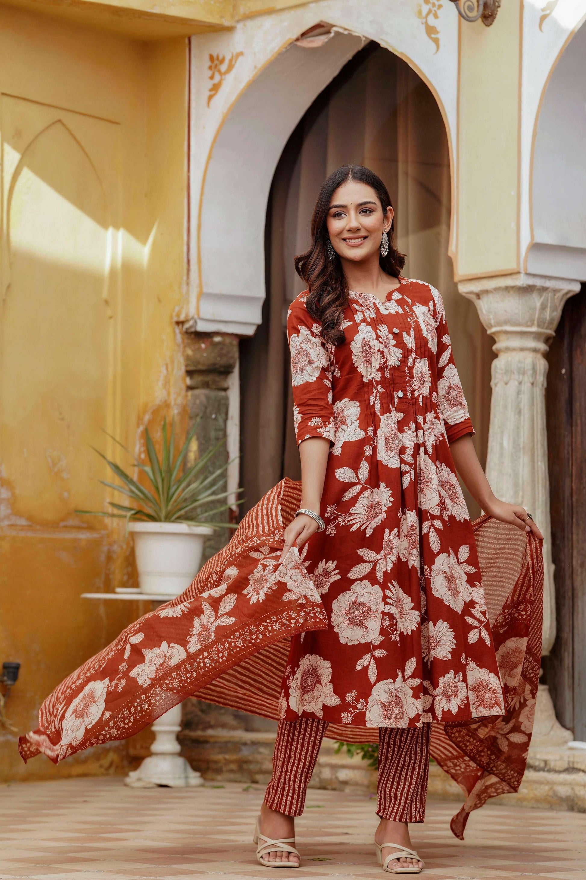 Floral Printed Kurta With Pant & Stripe Printed Dupatta, Rust - Hiral Fashion