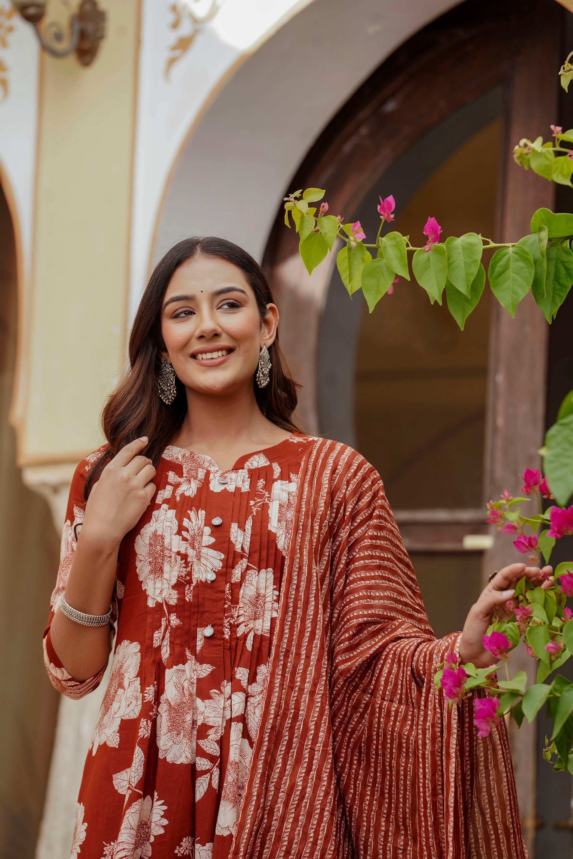 Floral Printed Kurta With Pant & Stripe Printed Dupatta, Rust - Hiral Fashion
