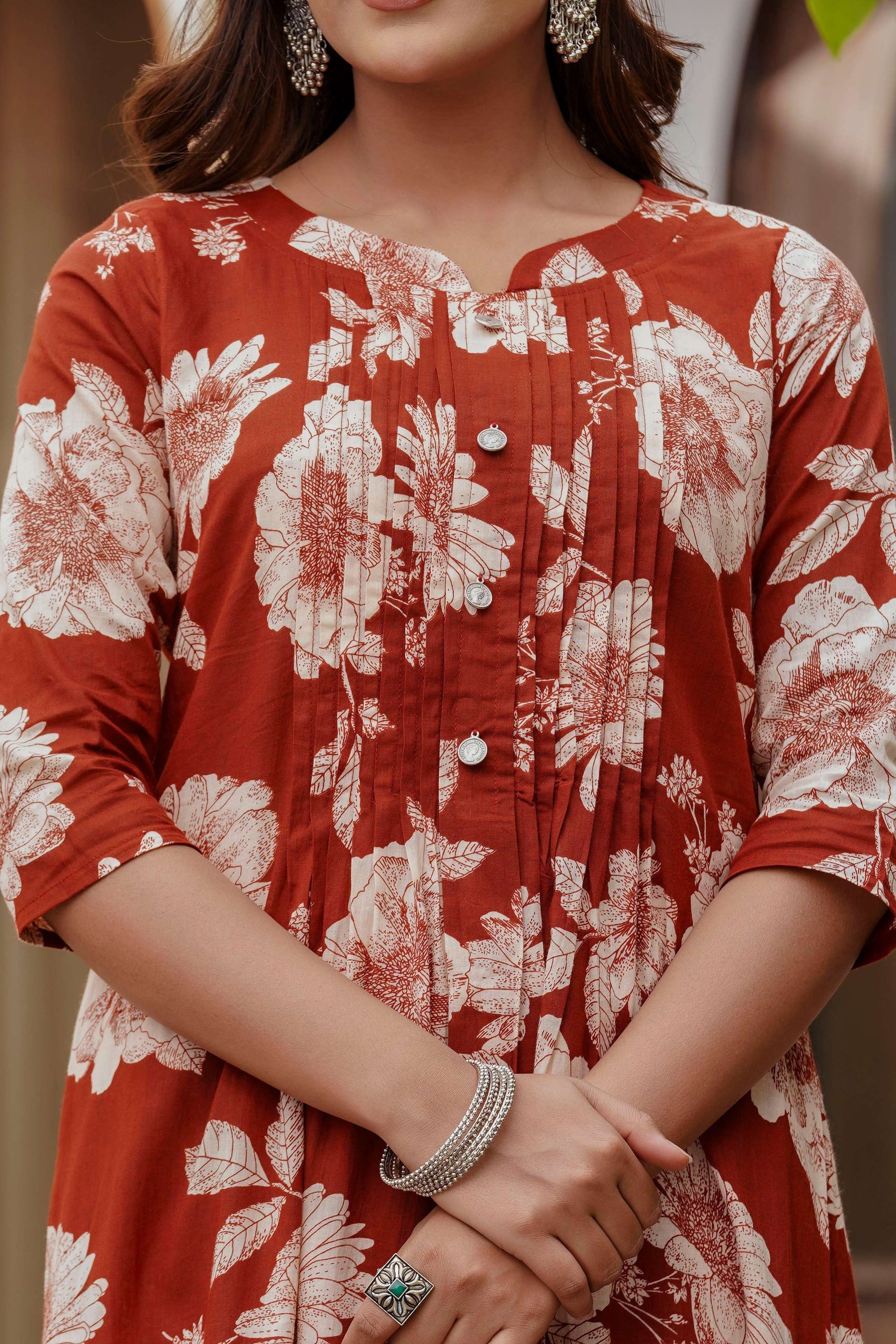 Floral Printed Kurta With Pant & Stripe Printed Dupatta, Rust - Hiral Fashion