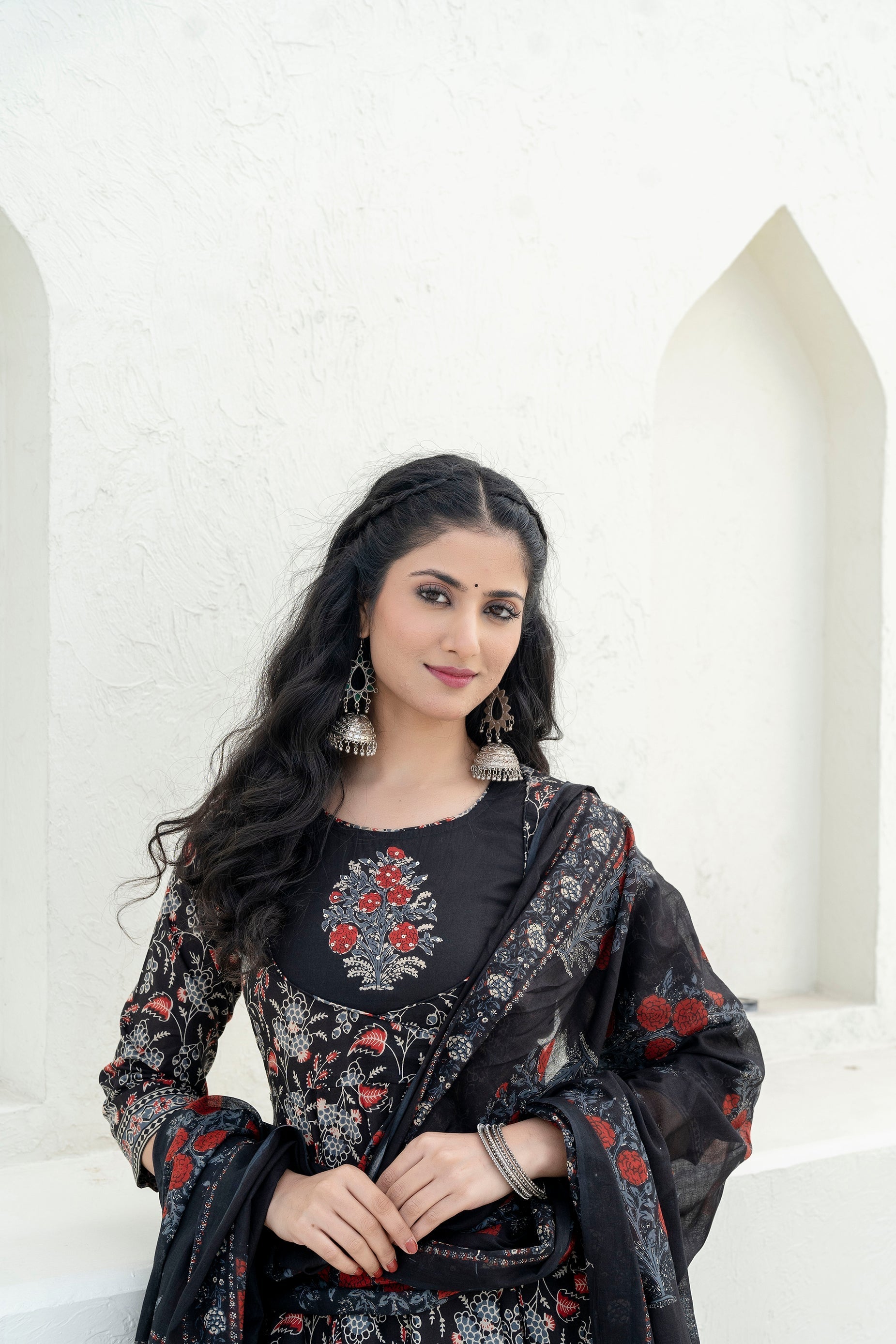 Embroidered & Floral Printed Anarkali Kurta With Pant & Dupatta, Black - Hiral Fashion