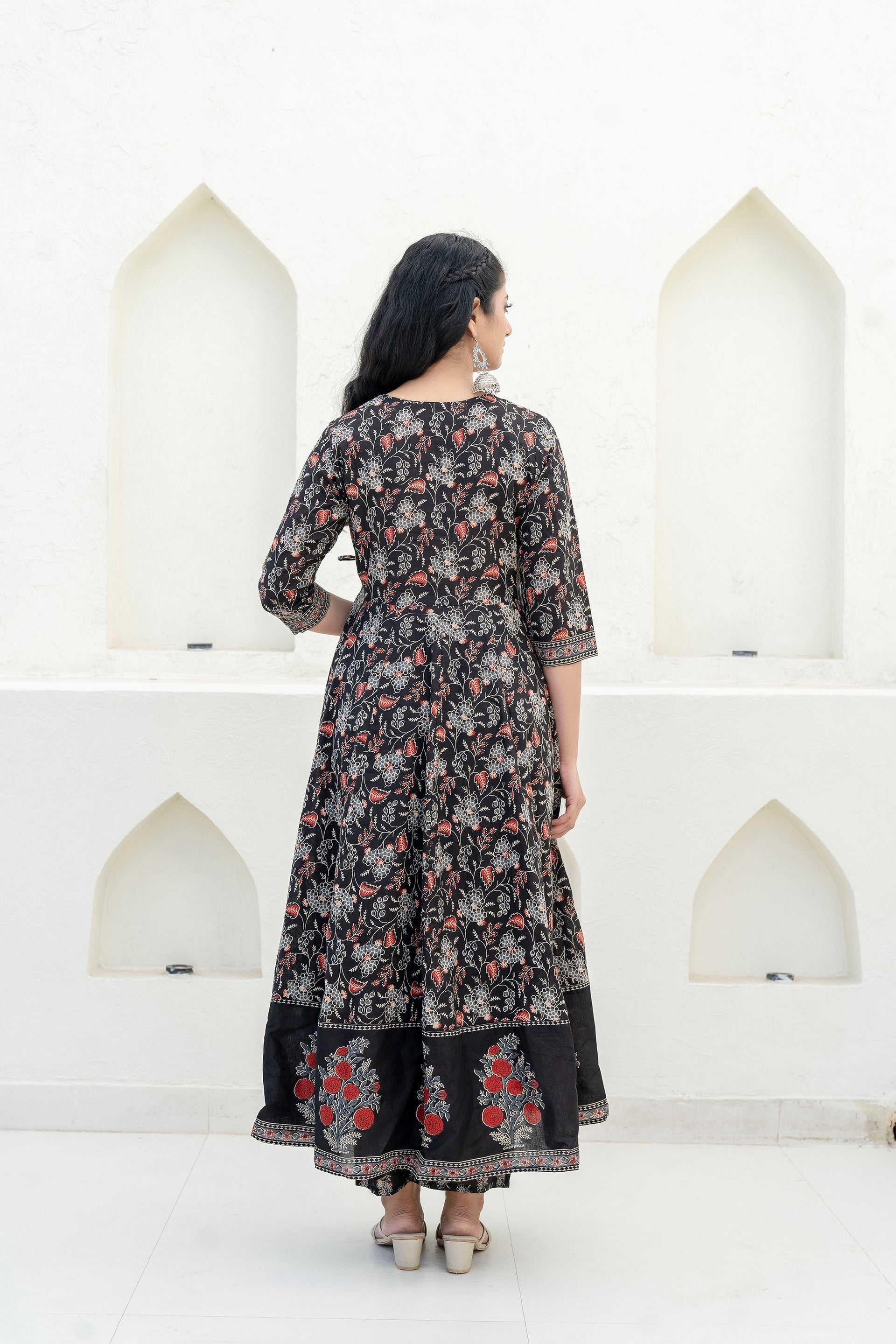 Embroidered & Floral Printed Anarkali Kurta With Pant & Dupatta, Black - Hiral Fashion