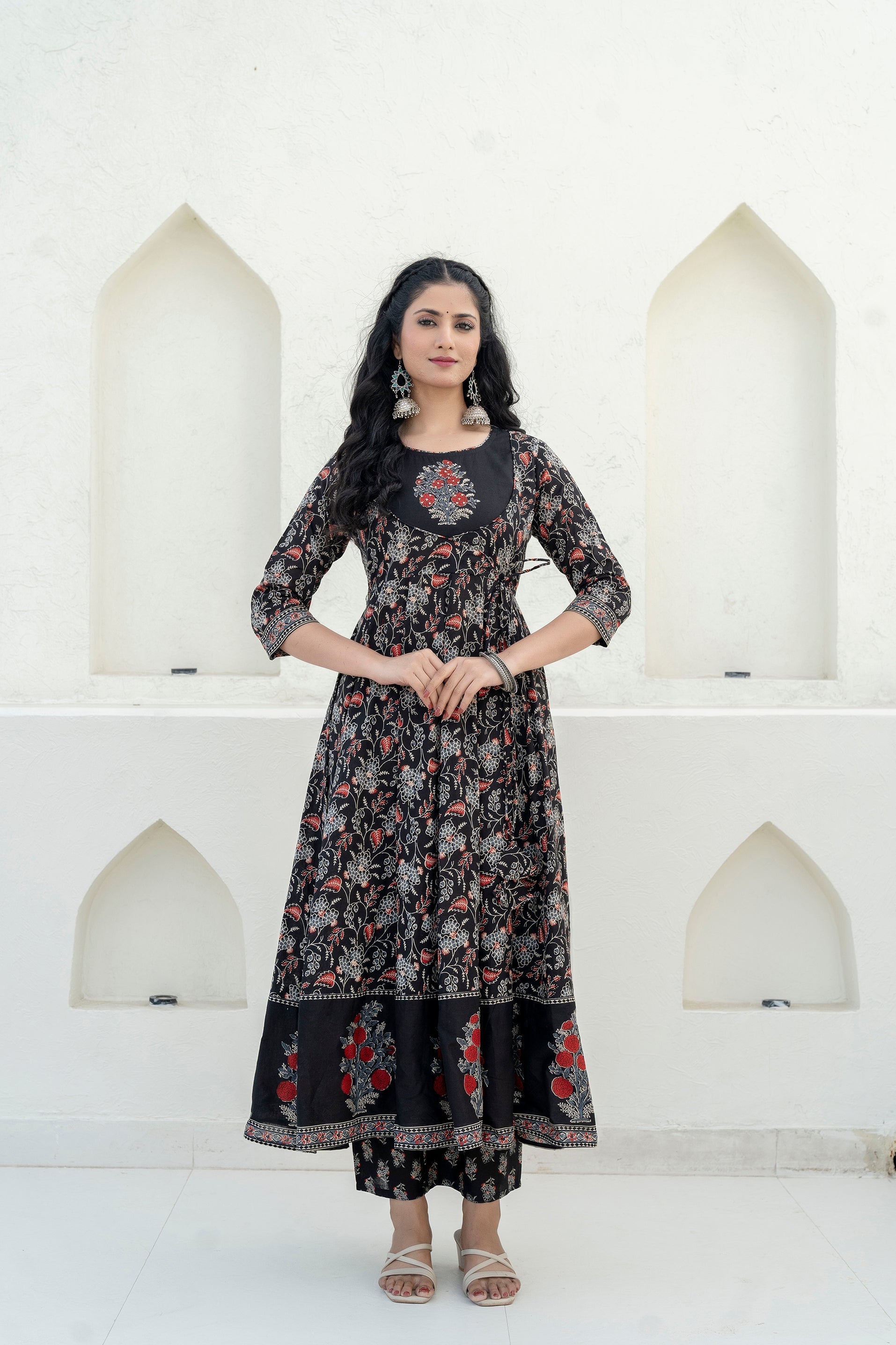 Embroidered & Floral Printed Anarkali Kurta With Pant & Dupatta, Black - Hiral Fashion