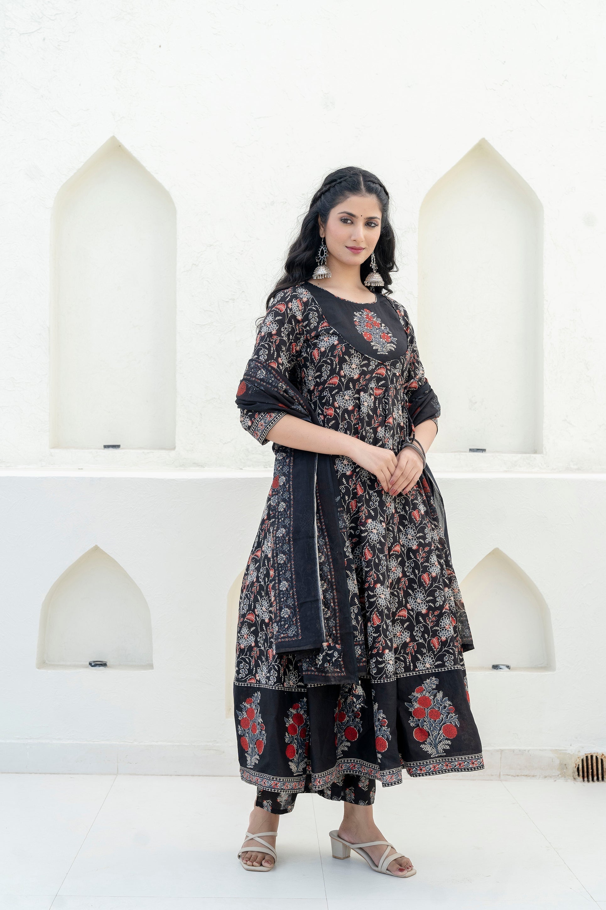 Embroidered & Floral Printed Anarkali Kurta With Pant & Dupatta, Black - Hiral Fashion