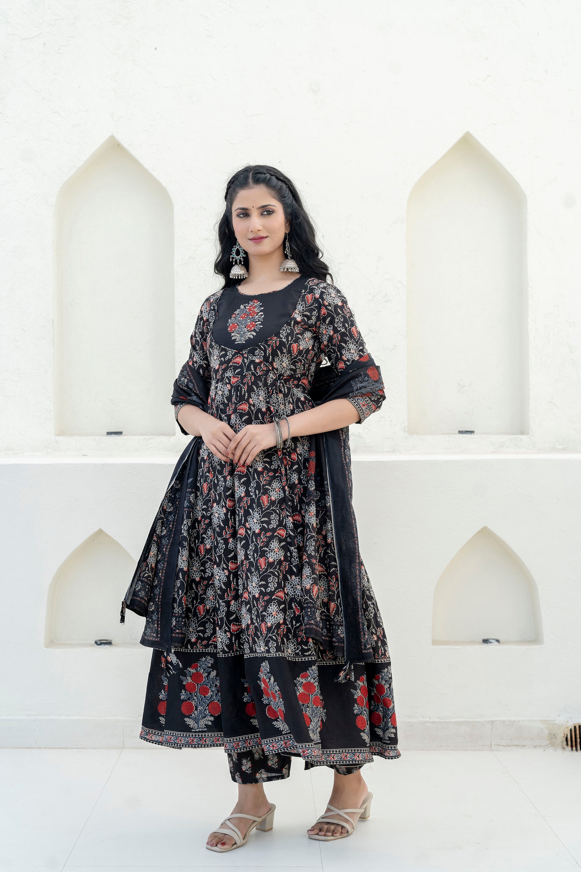 Embroidered & Floral Printed Anarkali Kurta With Pant & Dupatta, Black - Hiral Fashion