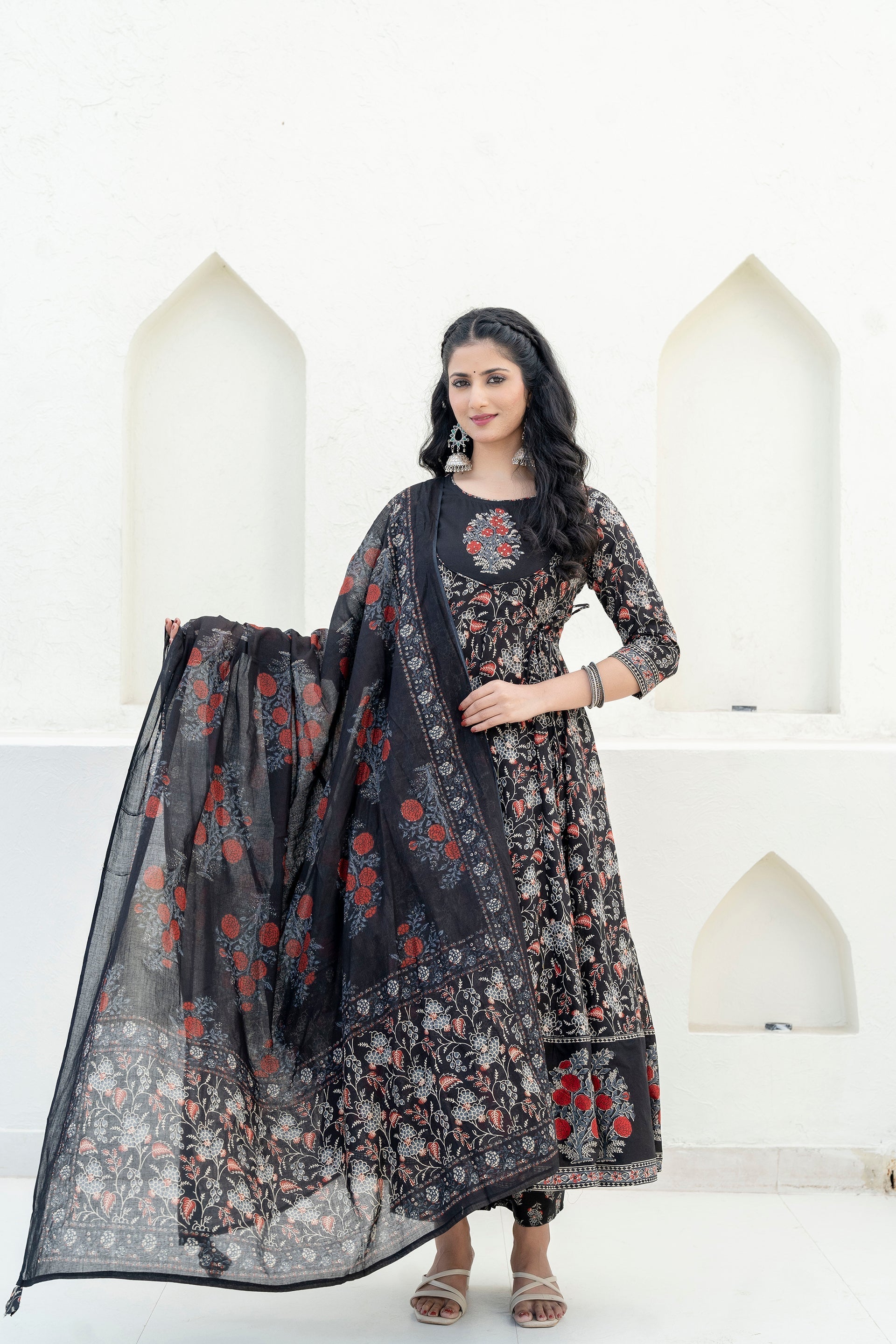 Embroidered & Floral Printed Anarkali Kurta With Pant & Dupatta, Black - Hiral Fashion