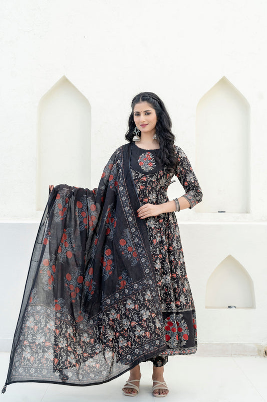 Embroidered & Floral Printed Anarkali Kurta With Pant & Dupatta, Black - Hiral Fashion