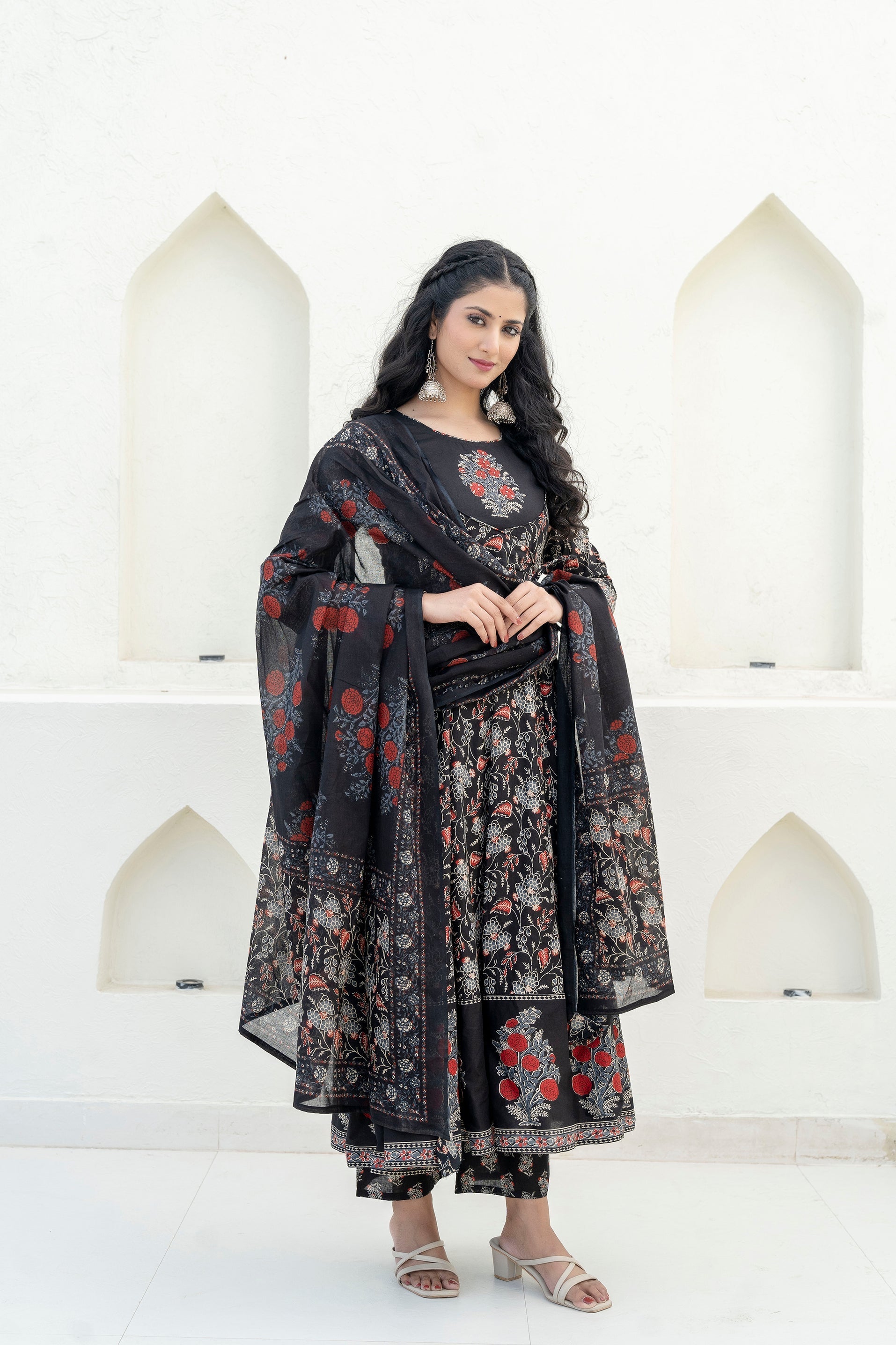 Embroidered & Floral Printed Anarkali Kurta With Pant & Dupatta, Black - Hiral Fashion