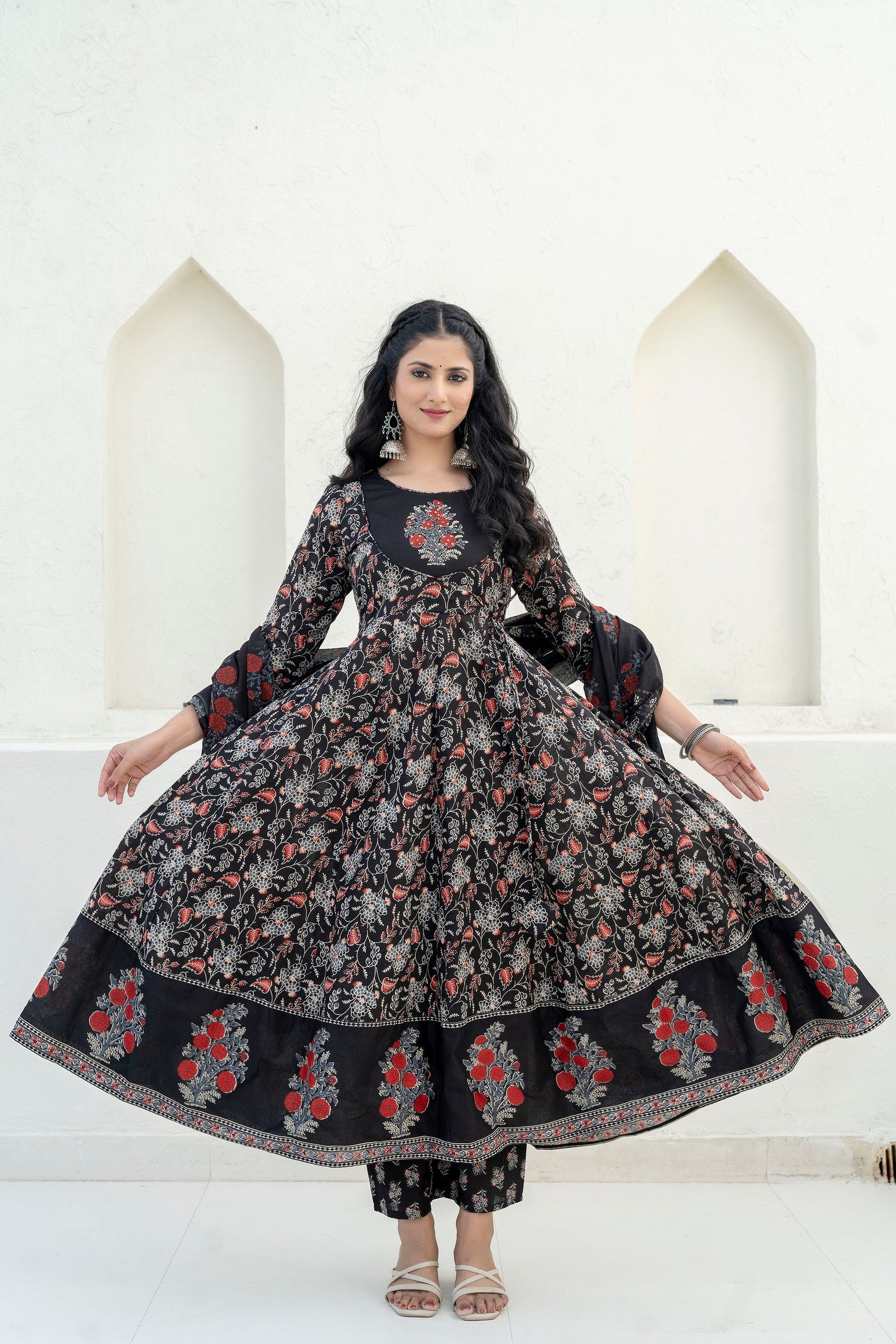 Embroidered & Floral Printed Anarkali Kurta With Pant & Dupatta, Black - Hiral Fashion