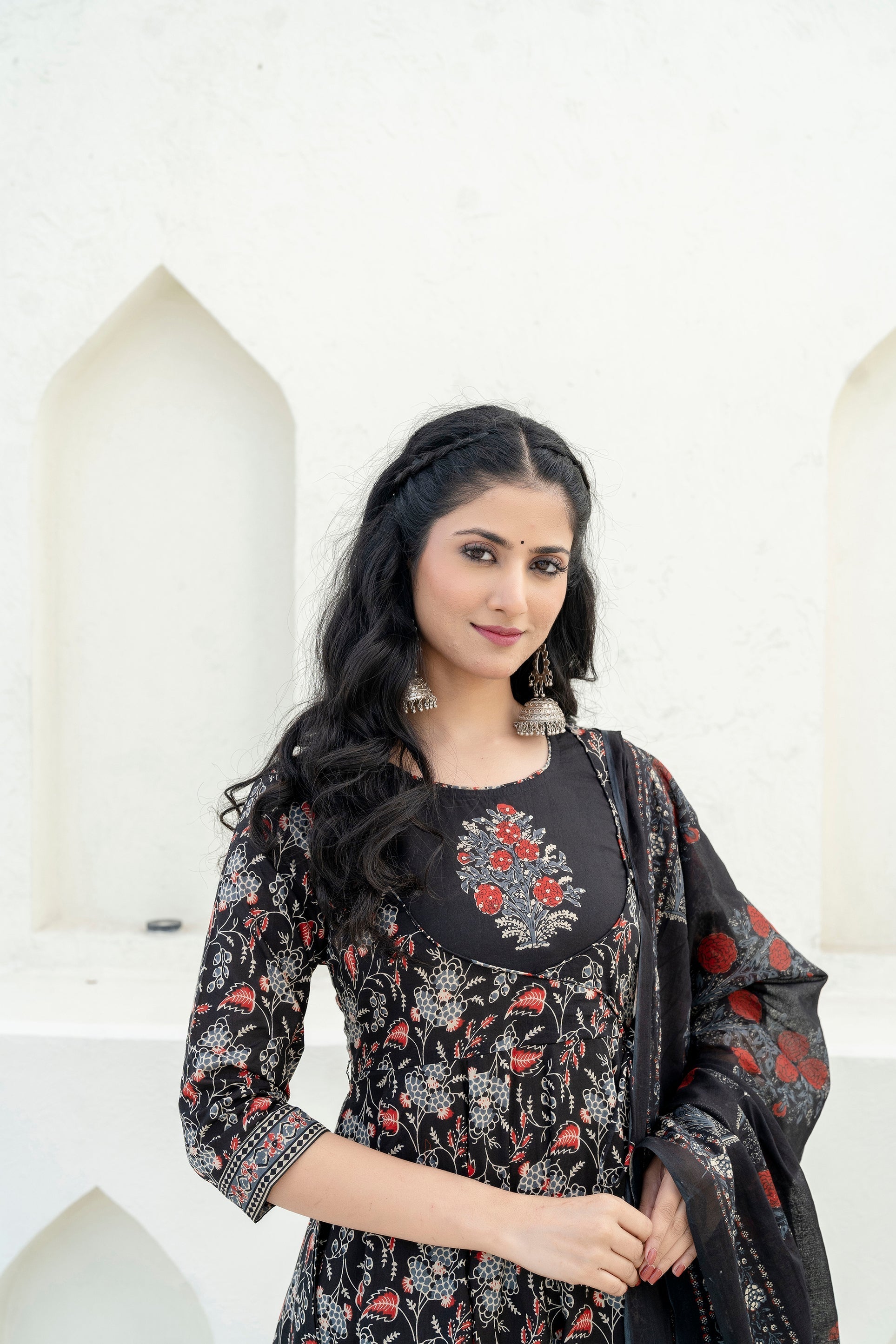 Embroidered & Floral Printed Anarkali Kurta With Pant & Dupatta, Black - Hiral Fashion