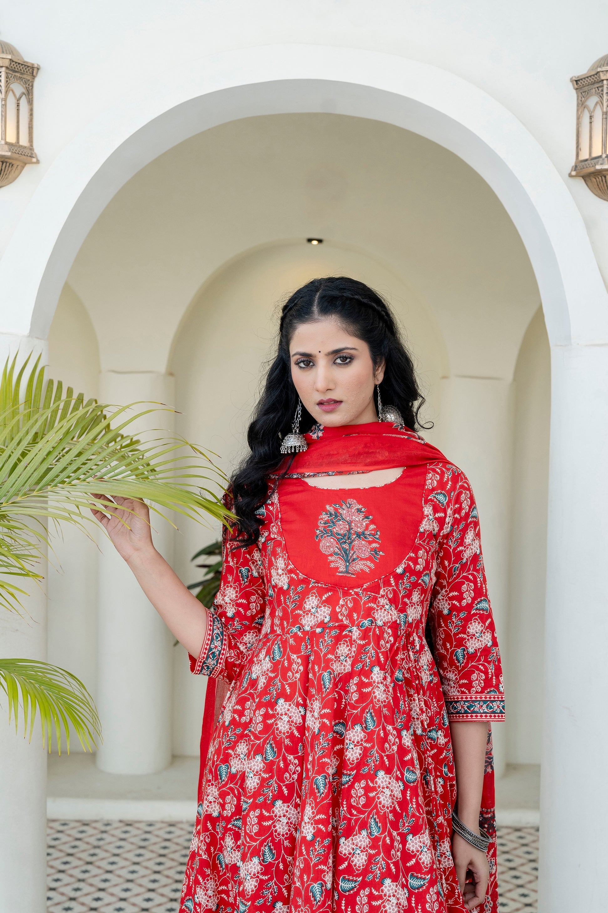 Embroidered & Floral Printed Anarkali Kurta With Pant & Dupatta, Red - Hiral Fashion