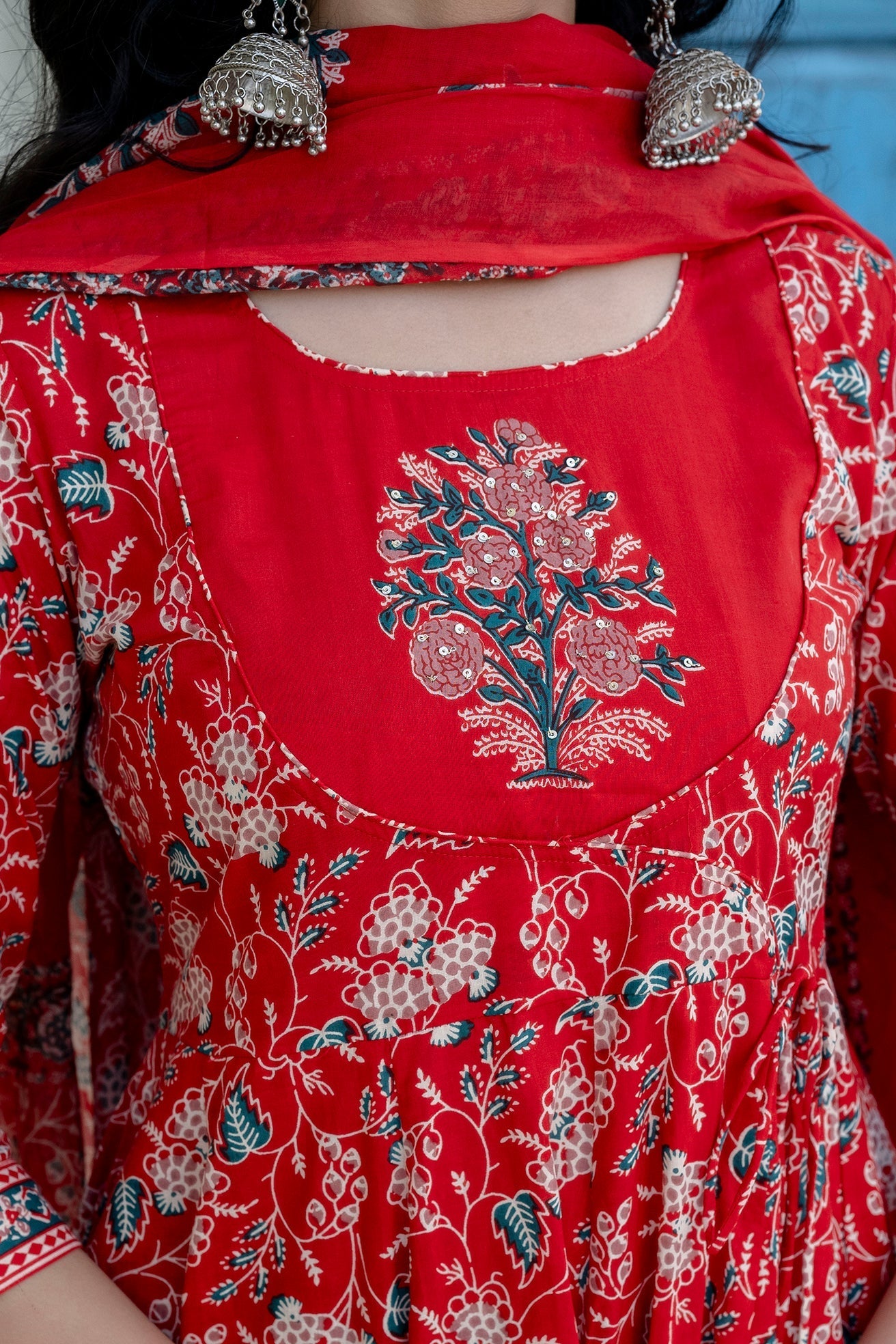 Embroidered & Floral Printed Anarkali Kurta With Pant & Dupatta, Red - Hiral Fashion