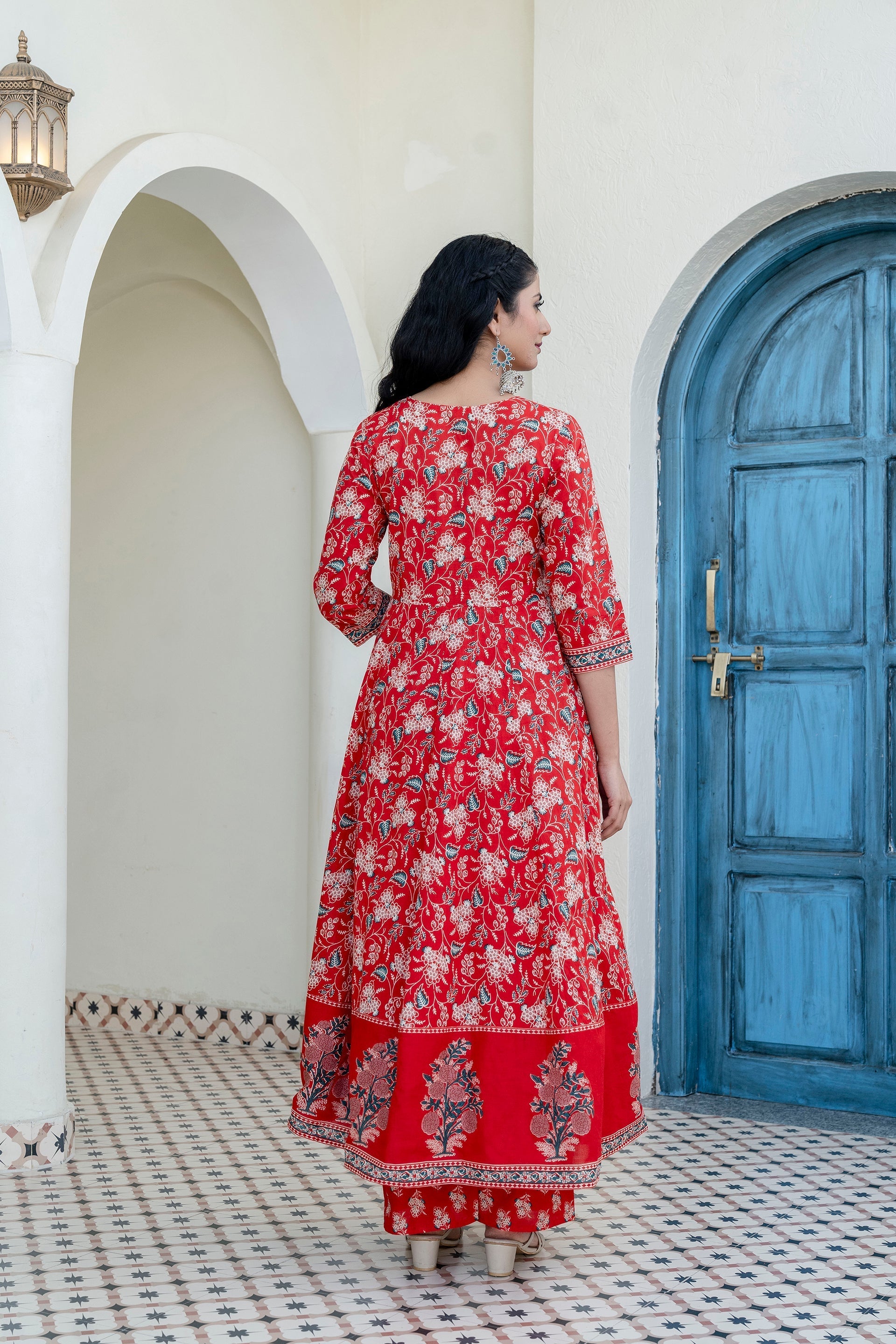 Embroidered & Floral Printed Anarkali Kurta With Pant & Dupatta, Red - Hiral Fashion