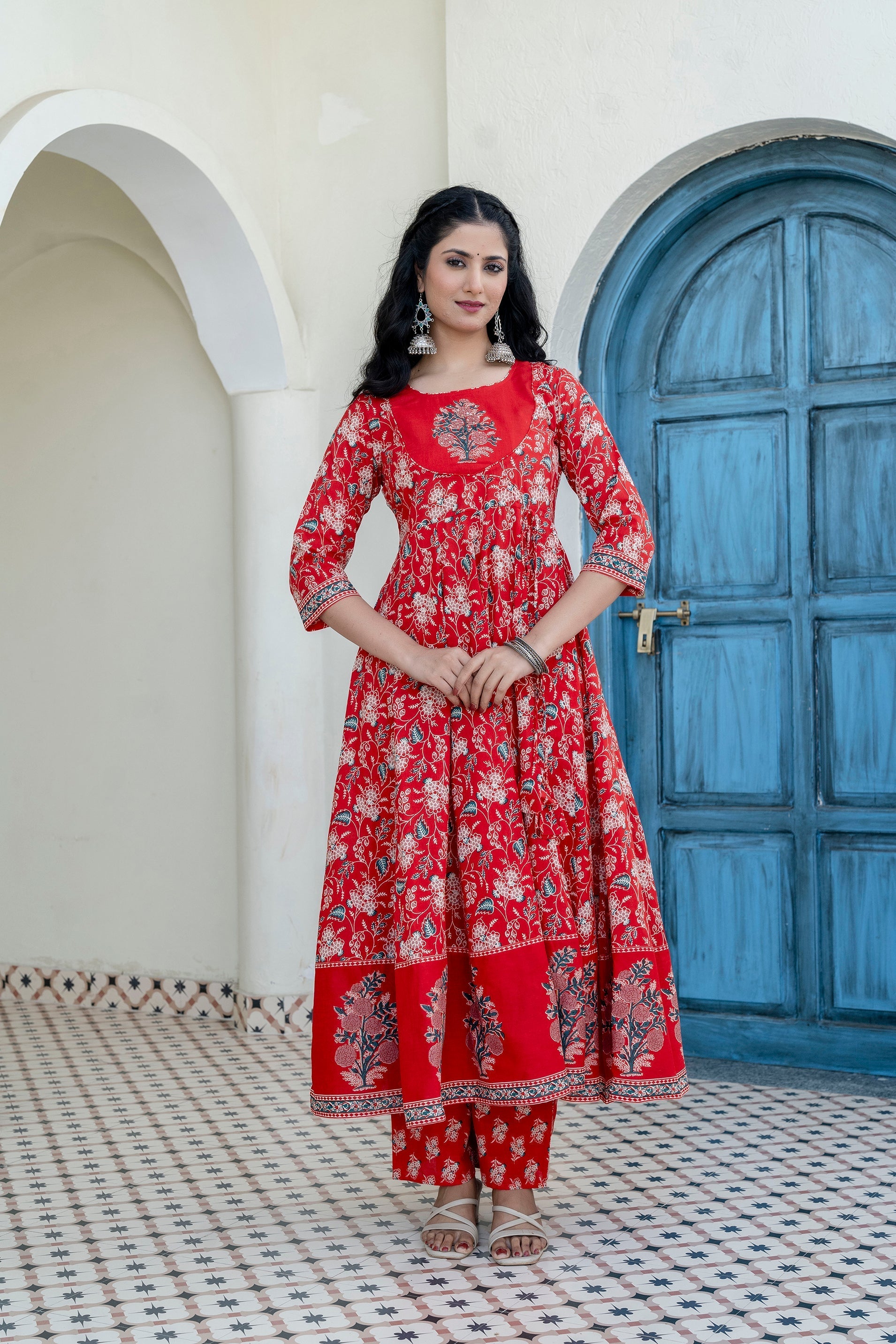 Embroidered & Floral Printed Anarkali Kurta With Pant & Dupatta, Red - Hiral Fashion