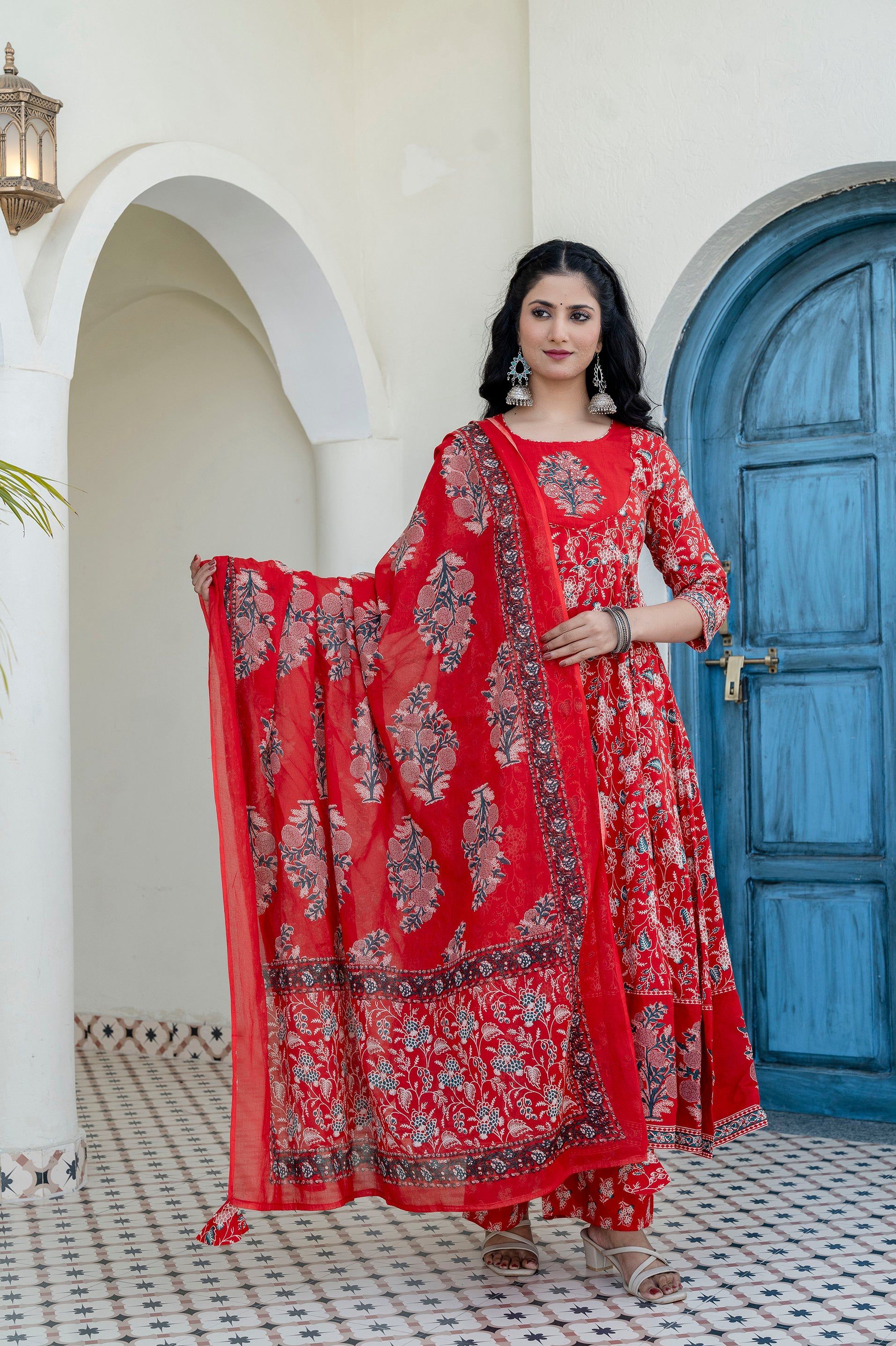 Embroidered & Floral Printed Anarkali Kurta With Pant & Dupatta, Red - Hiral Fashion
