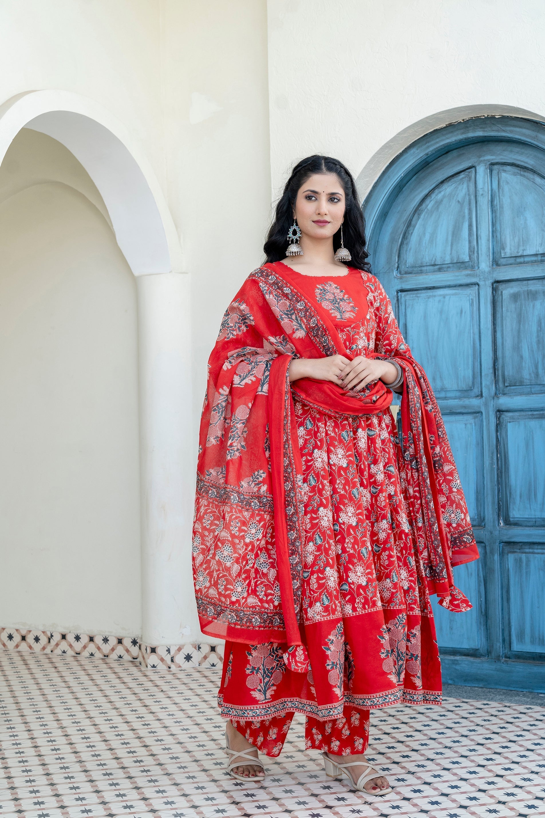 Embroidered & Floral Printed Anarkali Kurta With Pant & Dupatta, Red - Hiral Fashion