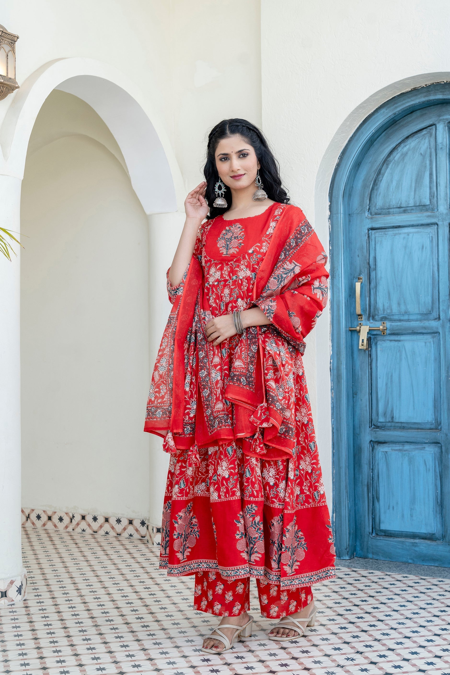 Embroidered & Floral Printed Anarkali Kurta With Pant & Dupatta, Red - Hiral Fashion