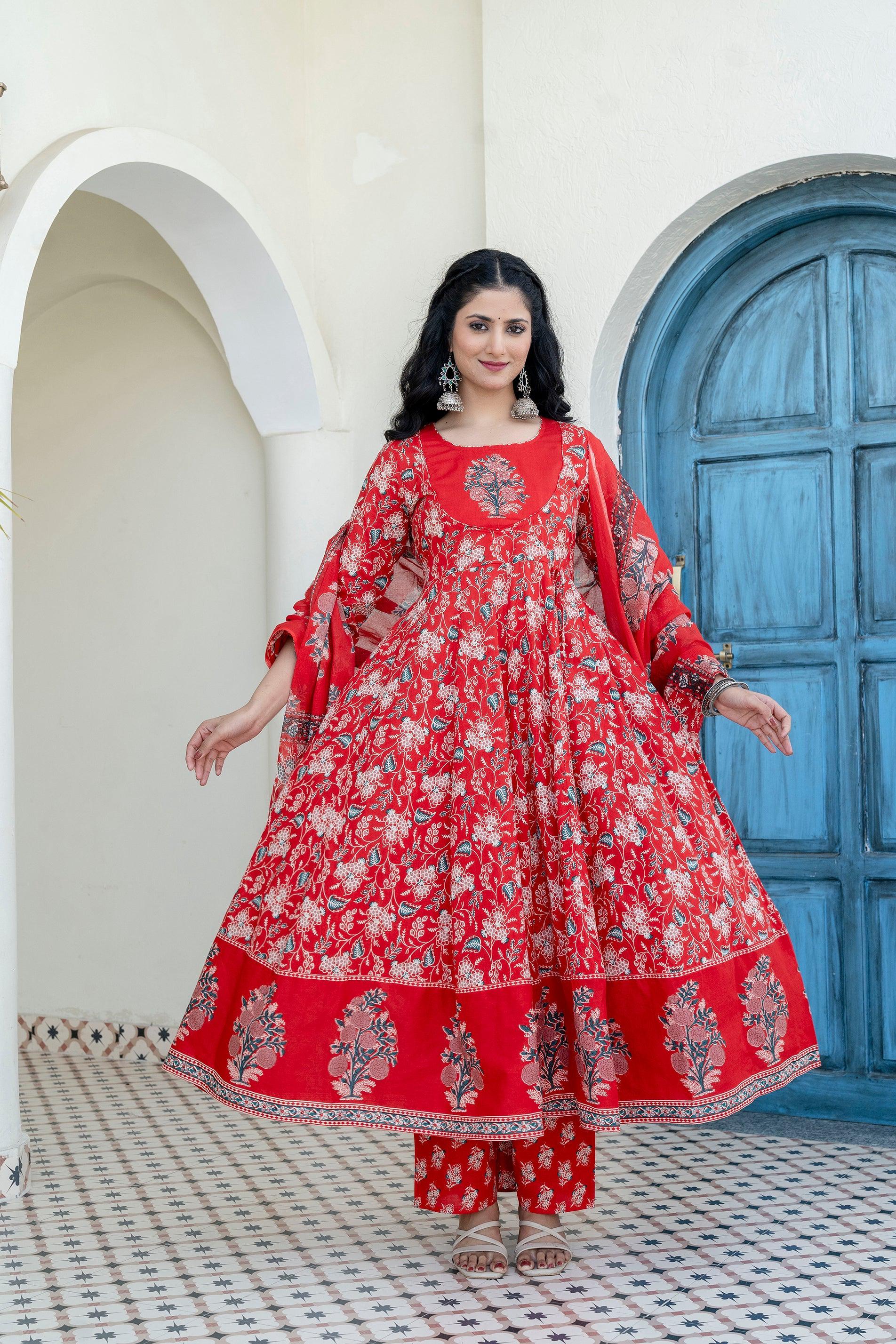 Embroidered & Floral Printed Anarkali Kurta With Pant & Dupatta, Red - Hiral Fashion