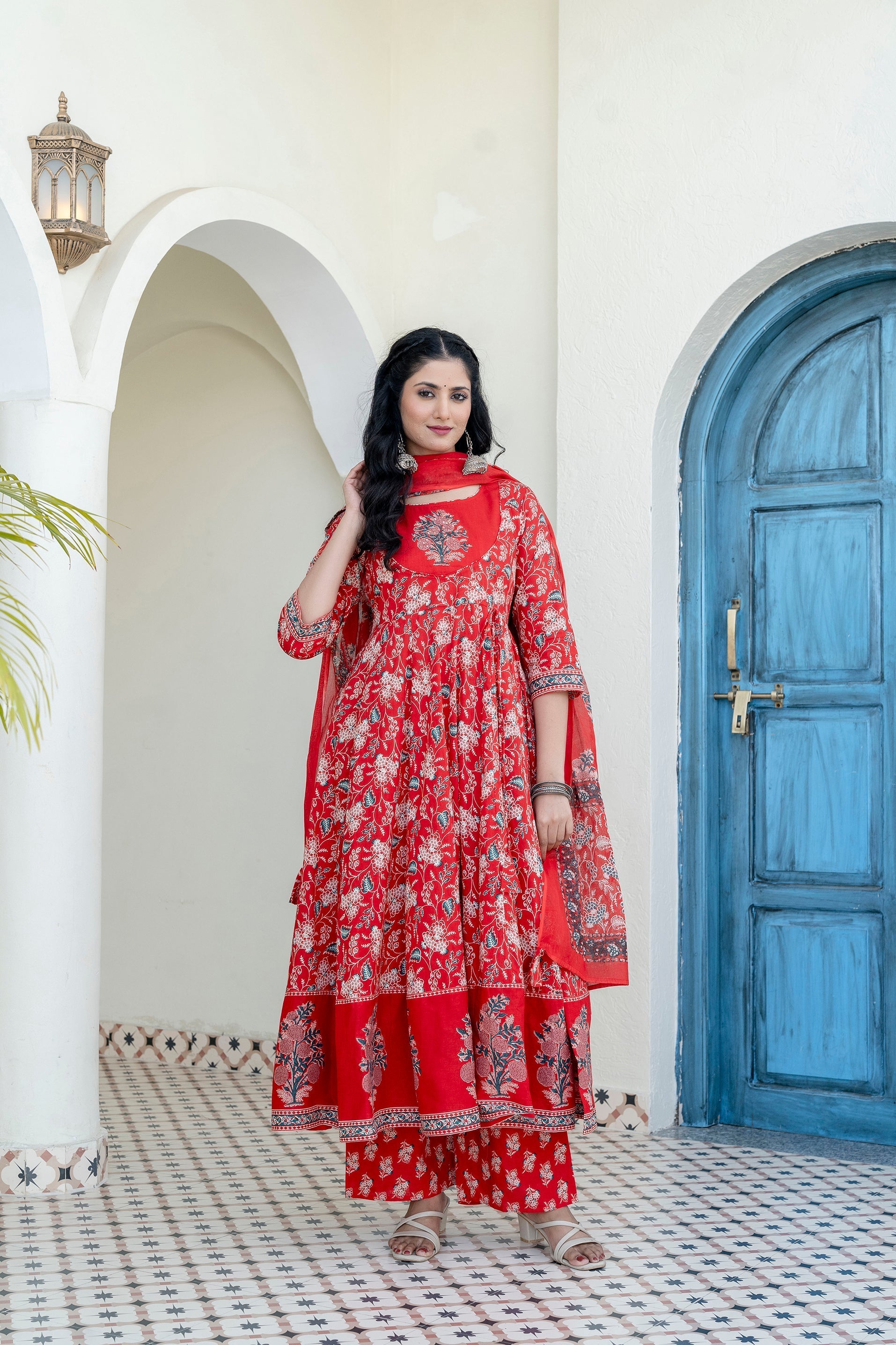Embroidered & Floral Printed Anarkali Kurta With Pant & Dupatta, Red - Hiral Fashion