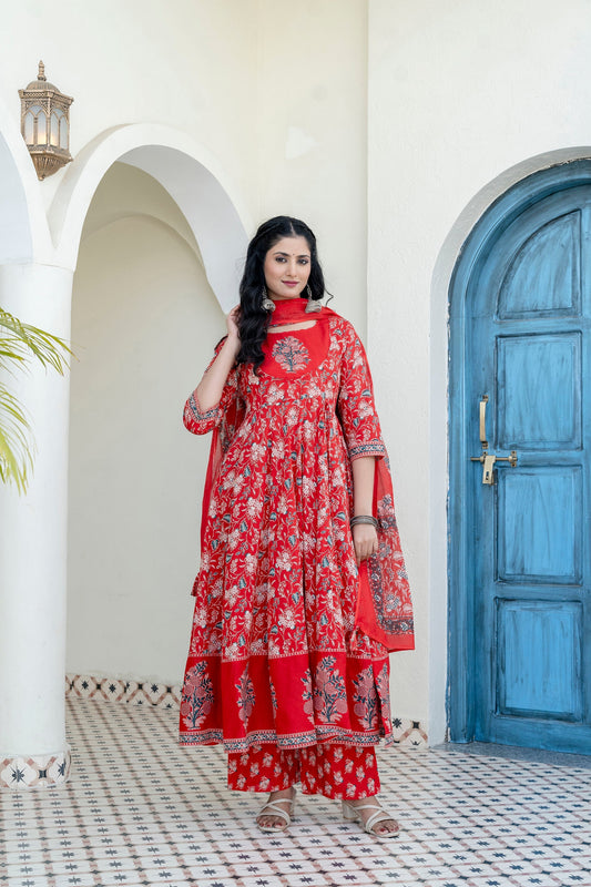 Embroidered & Floral Printed Anarkali Kurta With Pant & Dupatta, Red - Hiral Fashion