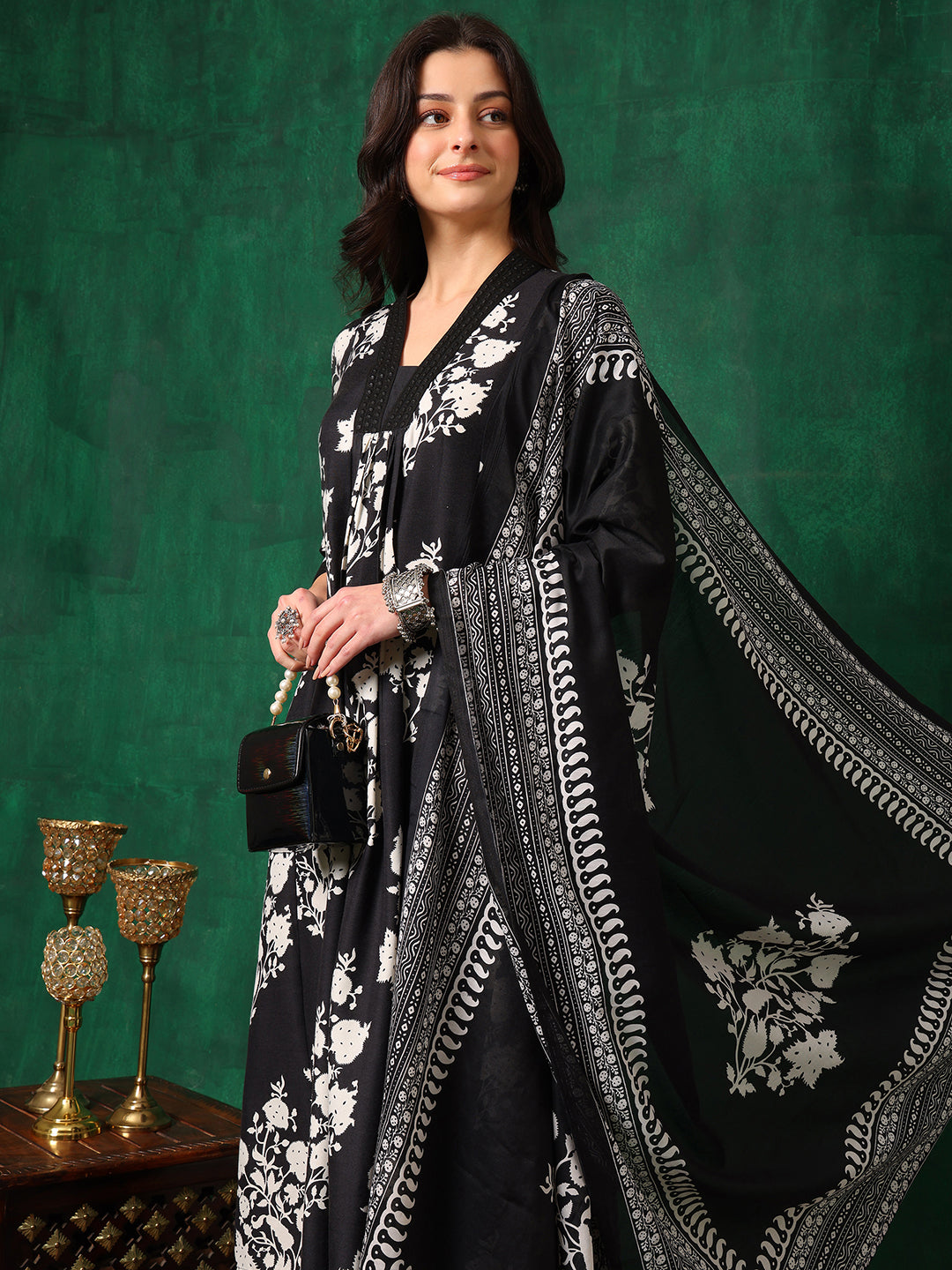 Embroidered & Printed Flared Kurta With Pant & Dupatta, Black - Hiral Fashion