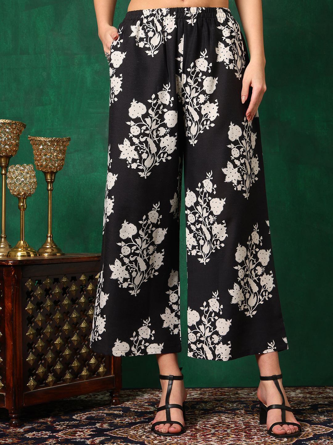 Embroidered & Printed Flared Kurta With Pant & Dupatta, Black - Hiral Fashion