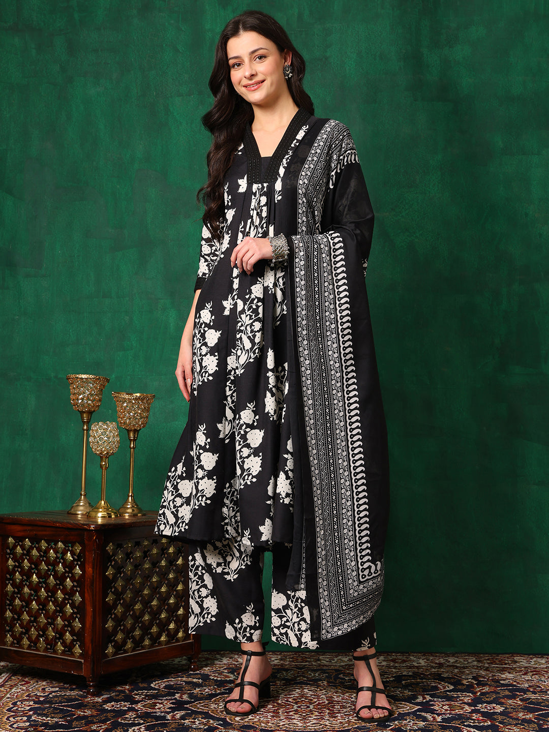 Embroidered & Printed Flared Kurta With Pant & Dupatta, Black - Hiral Fashion