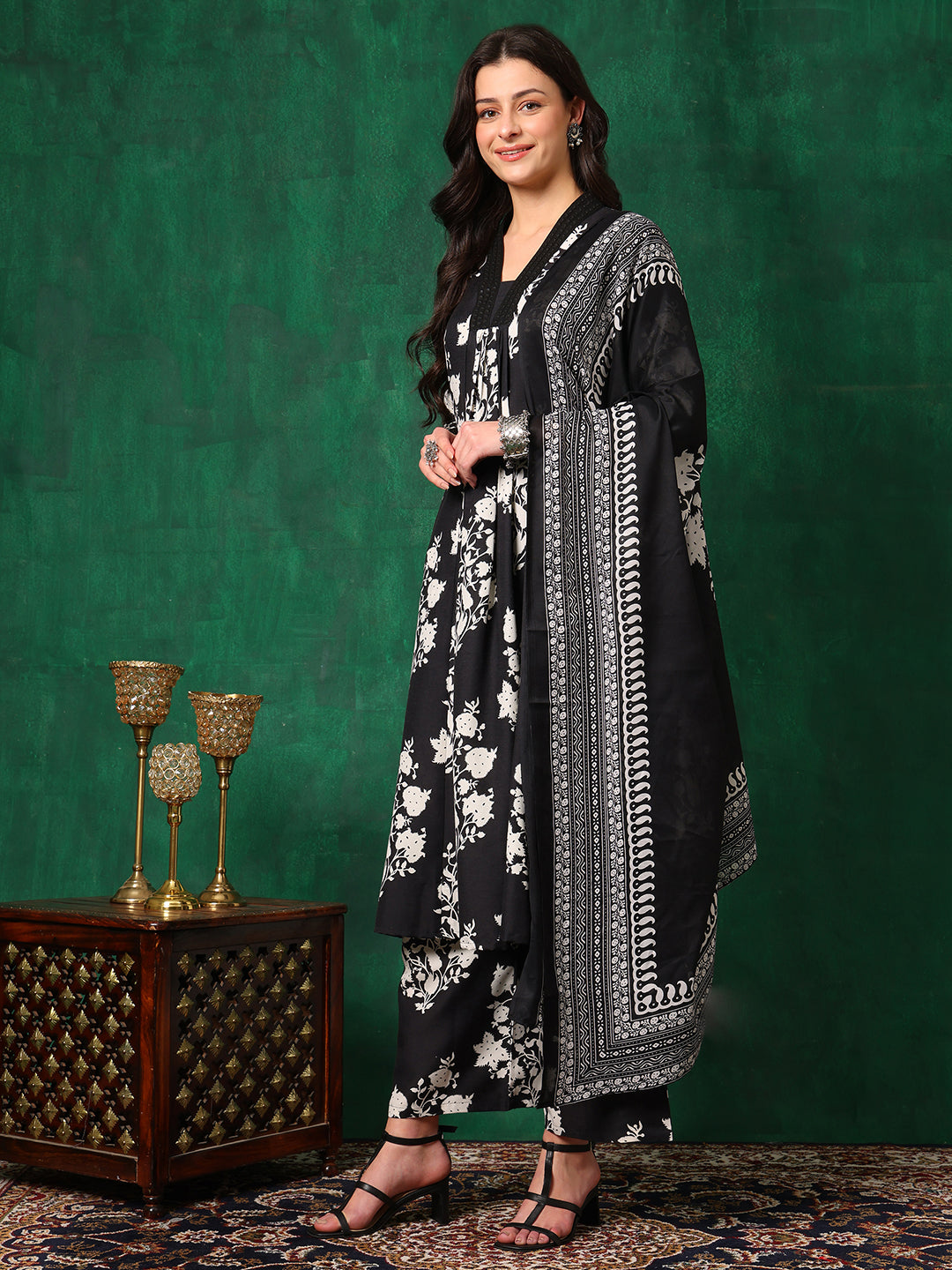 Embroidered & Printed Flared Kurta With Pant & Dupatta, Black - Hiral Fashion