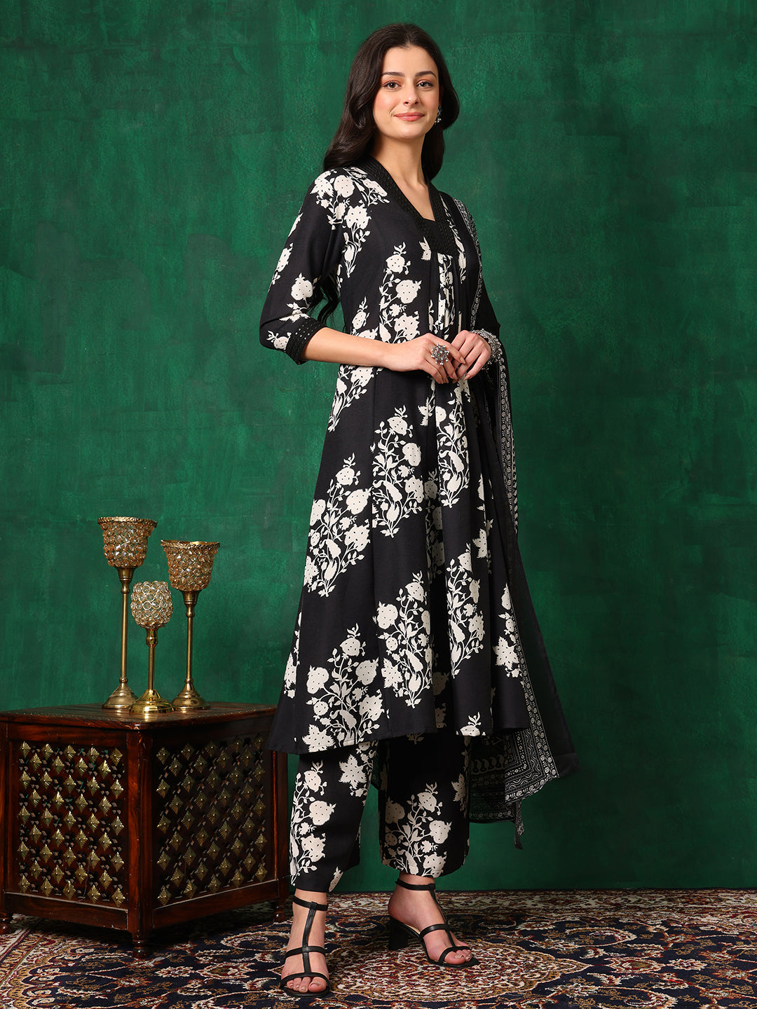 Embroidered & Printed Flared Kurta With Pant & Dupatta, Black - Hiral Fashion