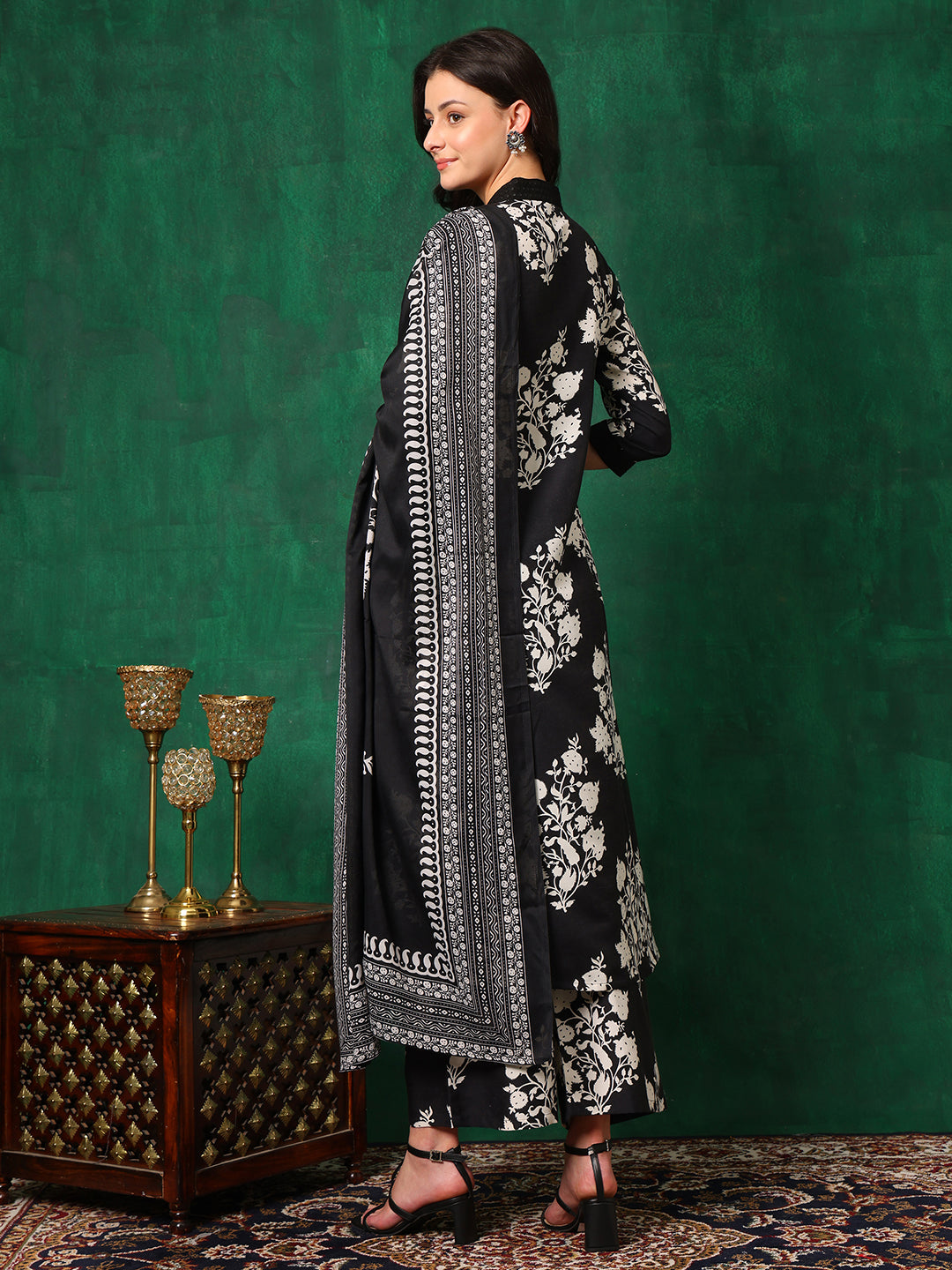 Embroidered & Printed Flared Kurta With Pant & Dupatta, Black - Hiral Fashion
