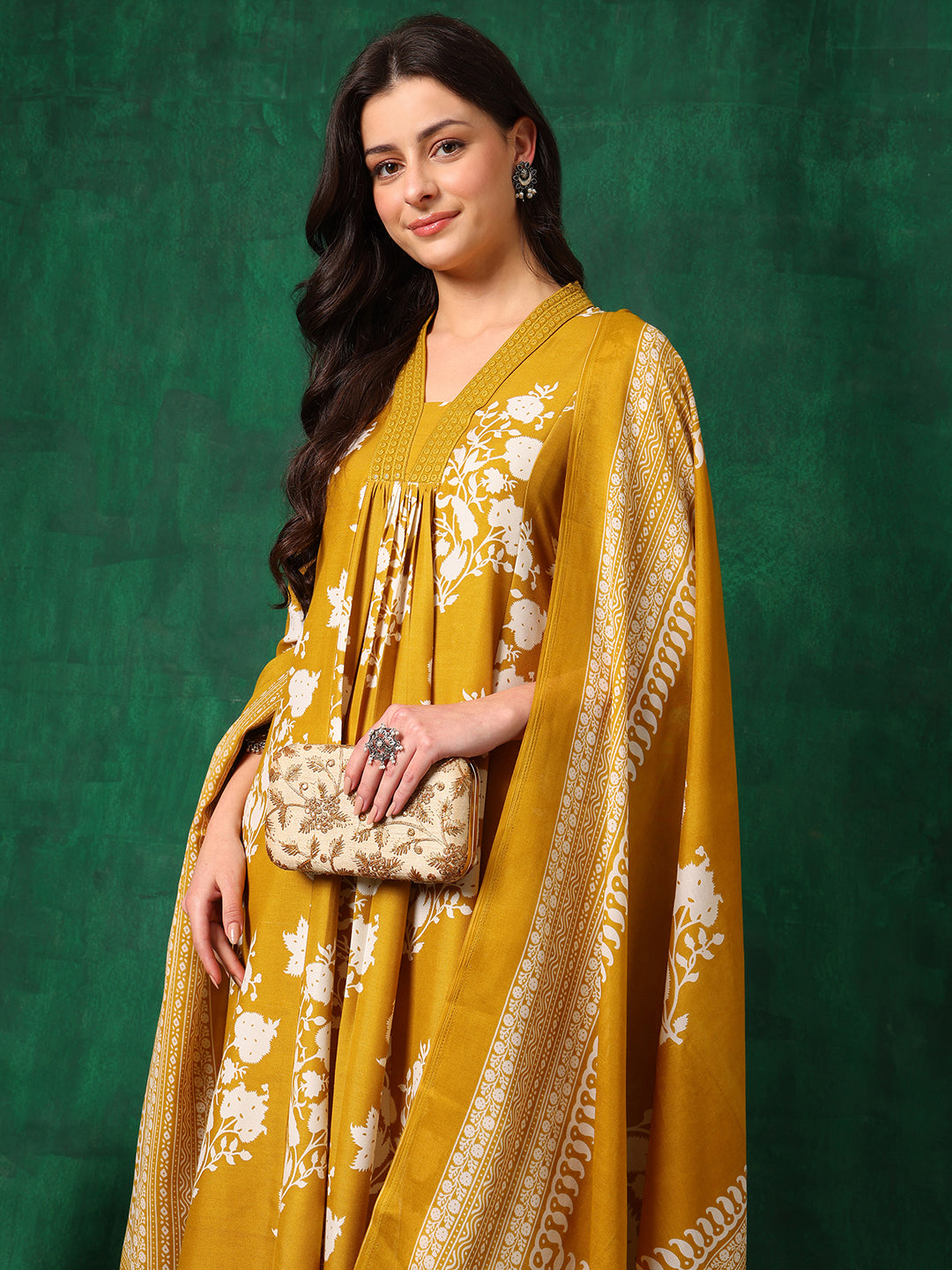 Embroidered & Printed Flared Kurta With Pant & Dupatta, Mustard - Hiral Fashion
