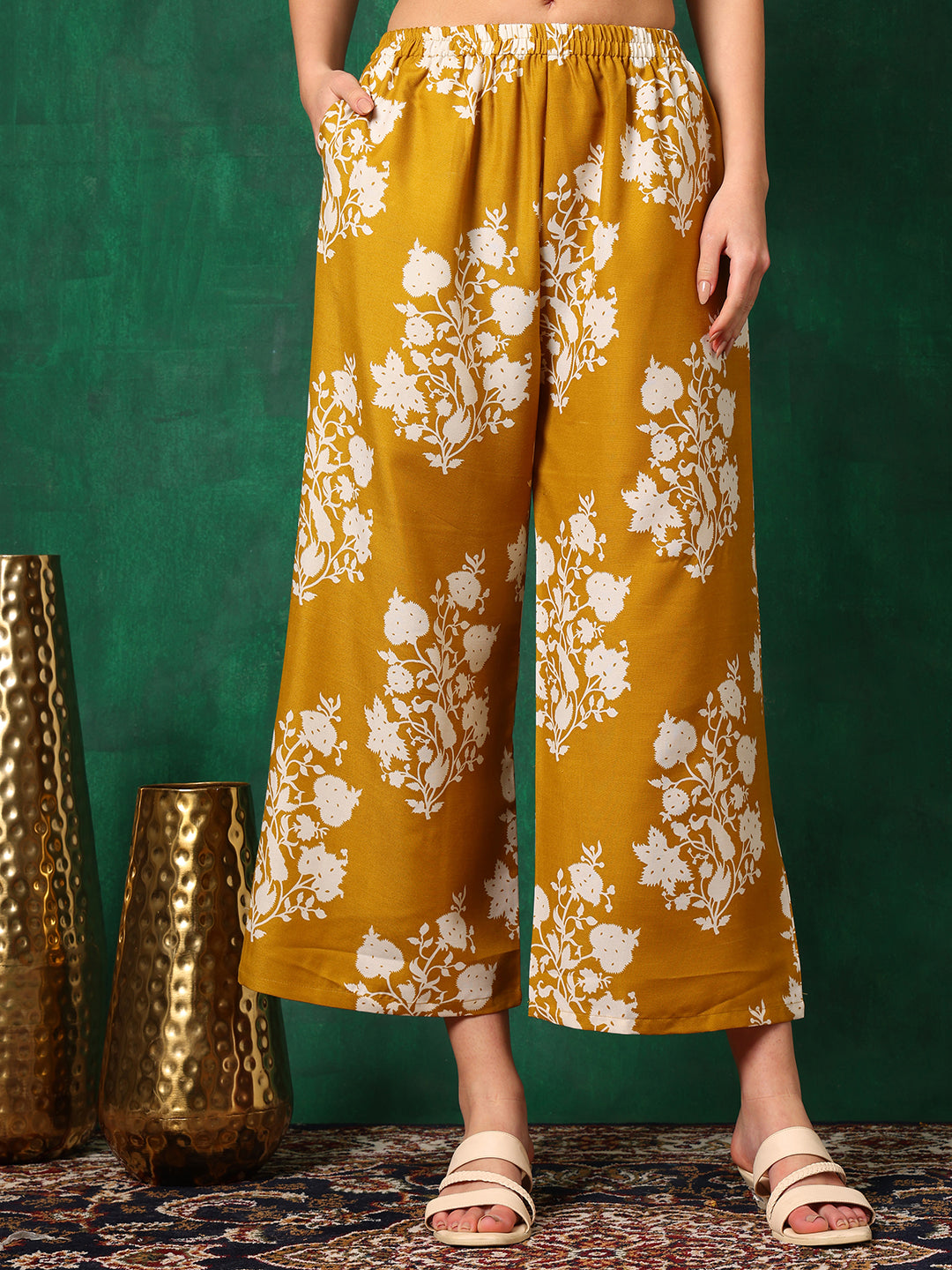 Embroidered & Printed Flared Kurta With Pant & Dupatta, Mustard - Hiral Fashion