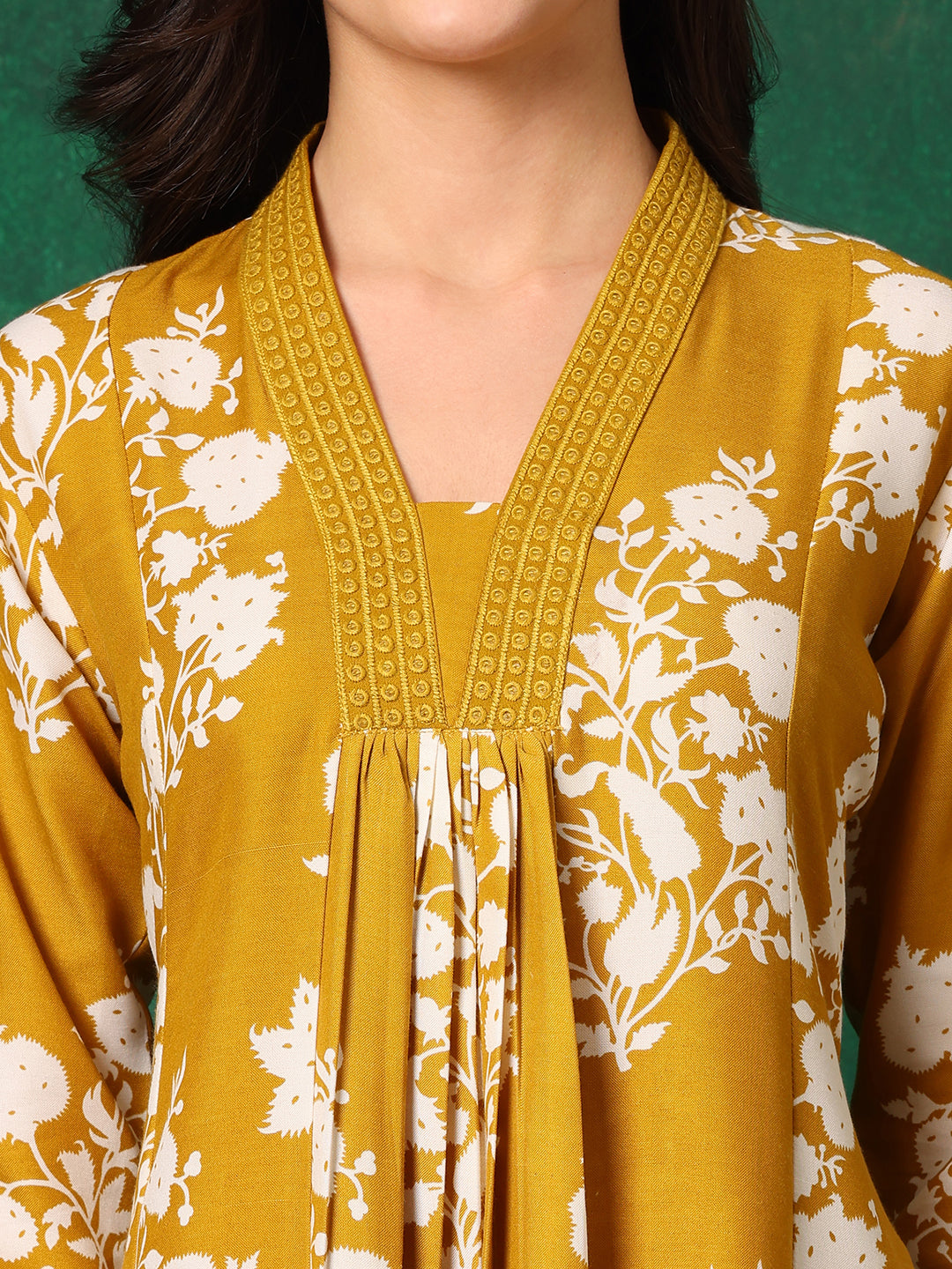 Embroidered & Printed Flared Kurta With Pant & Dupatta, Mustard - Hiral Fashion