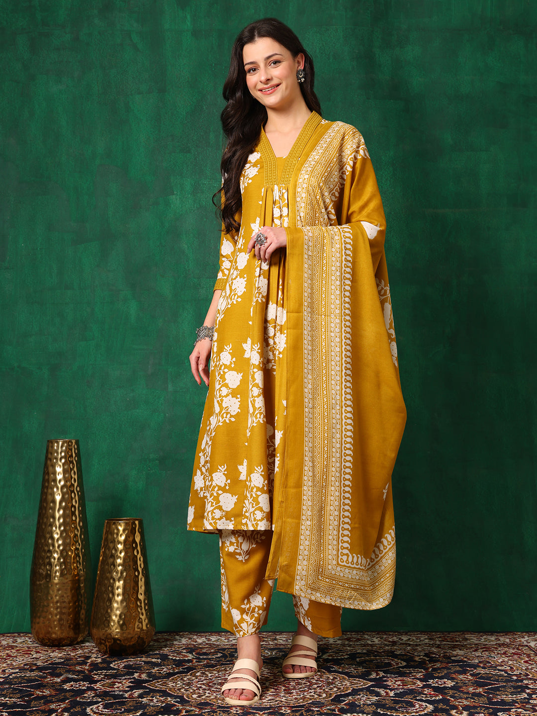 Embroidered & Printed Flared Kurta With Pant & Dupatta, Mustard - Hiral Fashion