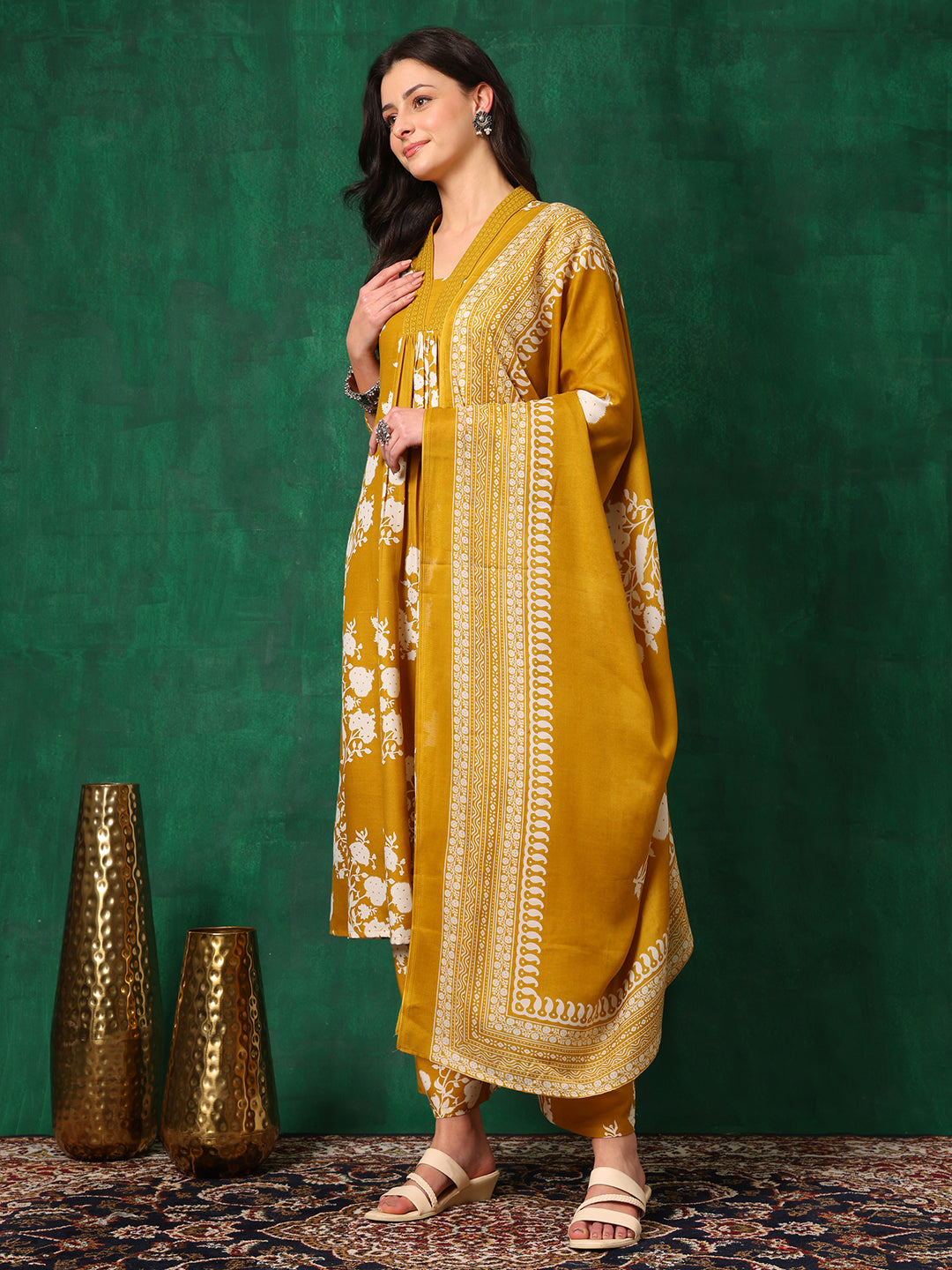 Embroidered & Printed Flared Kurta With Pant & Dupatta, Mustard - Hiral Fashion