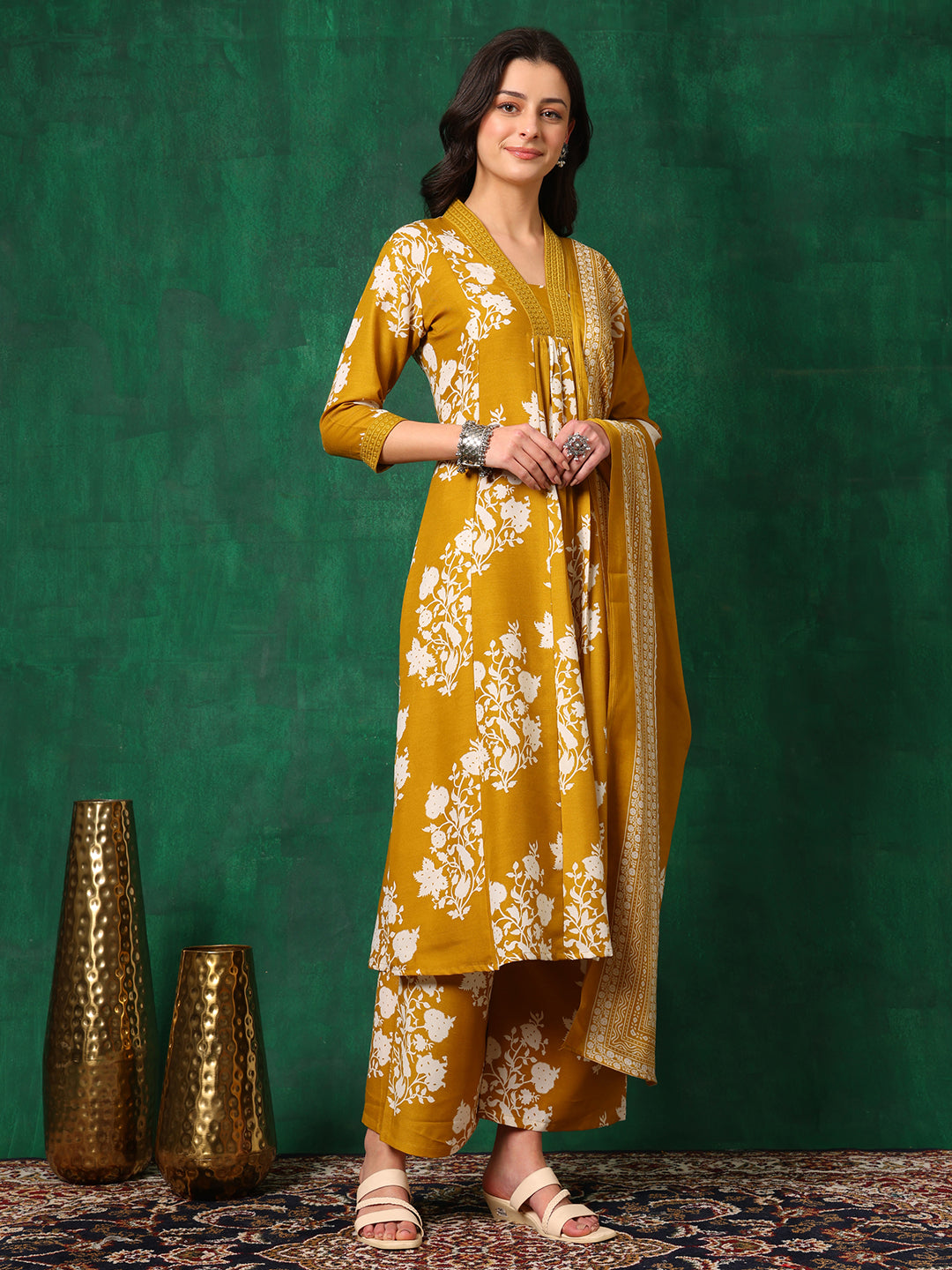 Embroidered & Printed Flared Kurta With Pant & Dupatta, Mustard - Hiral Fashion