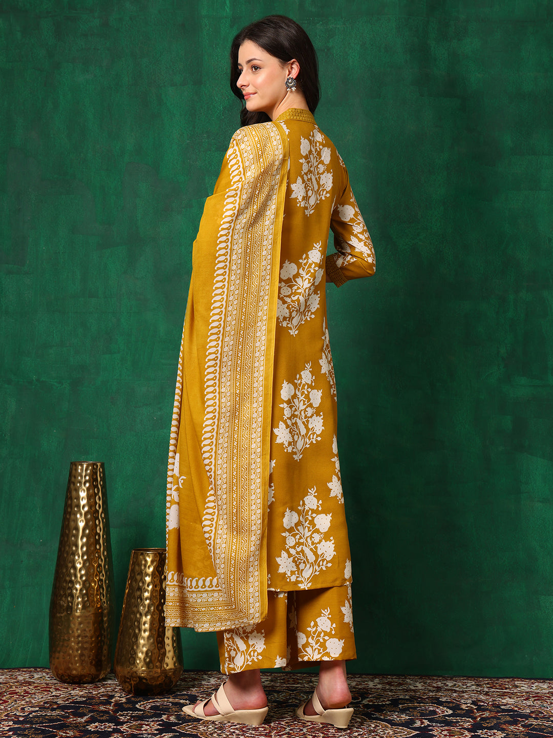 Embroidered & Printed Flared Kurta With Pant & Dupatta, Mustard - Hiral Fashion