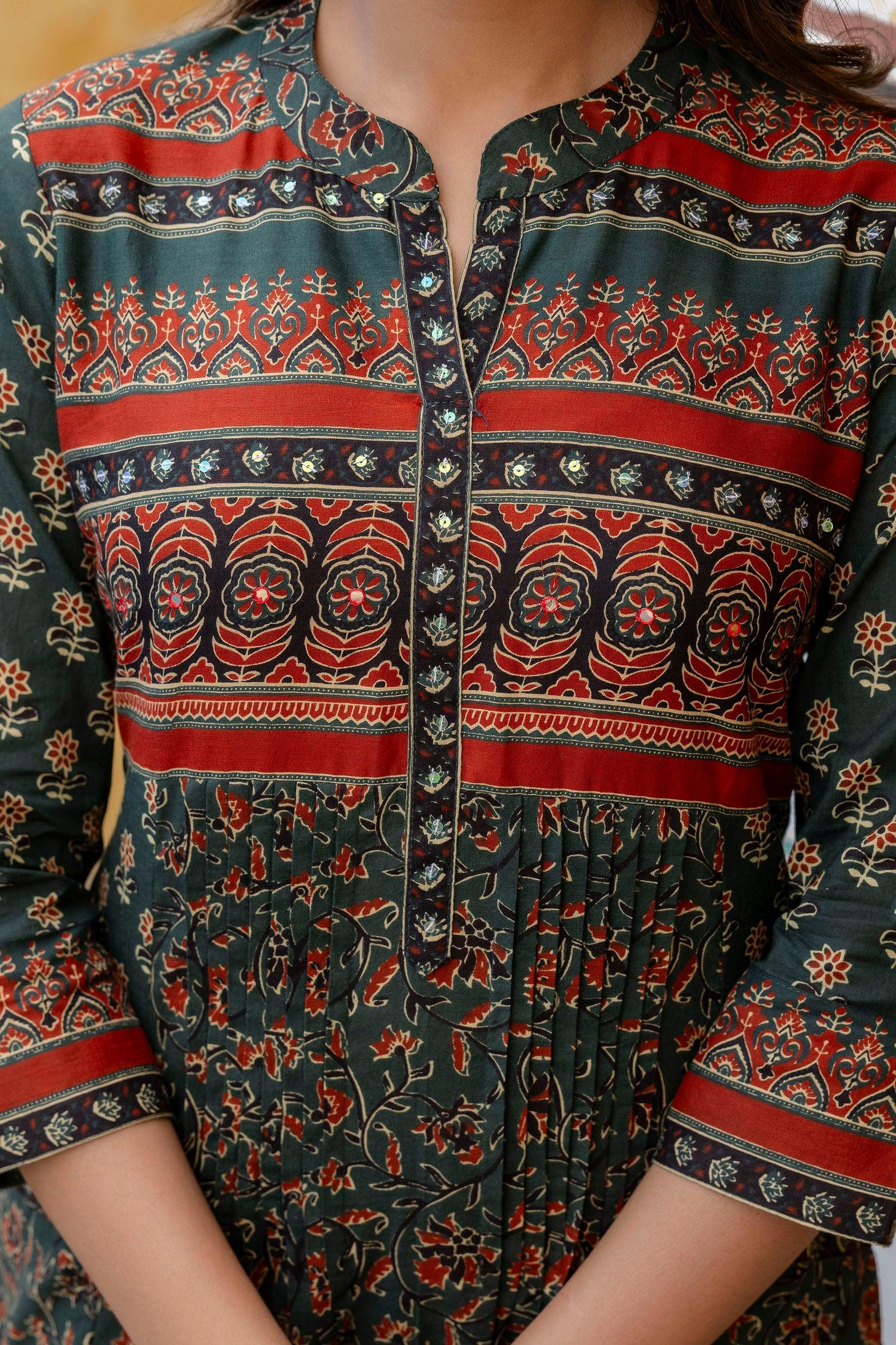Ethnic Printed A-Line Kurta With Pant & Coordinated Dupatta, Bottle-Green - Hiral Fashion